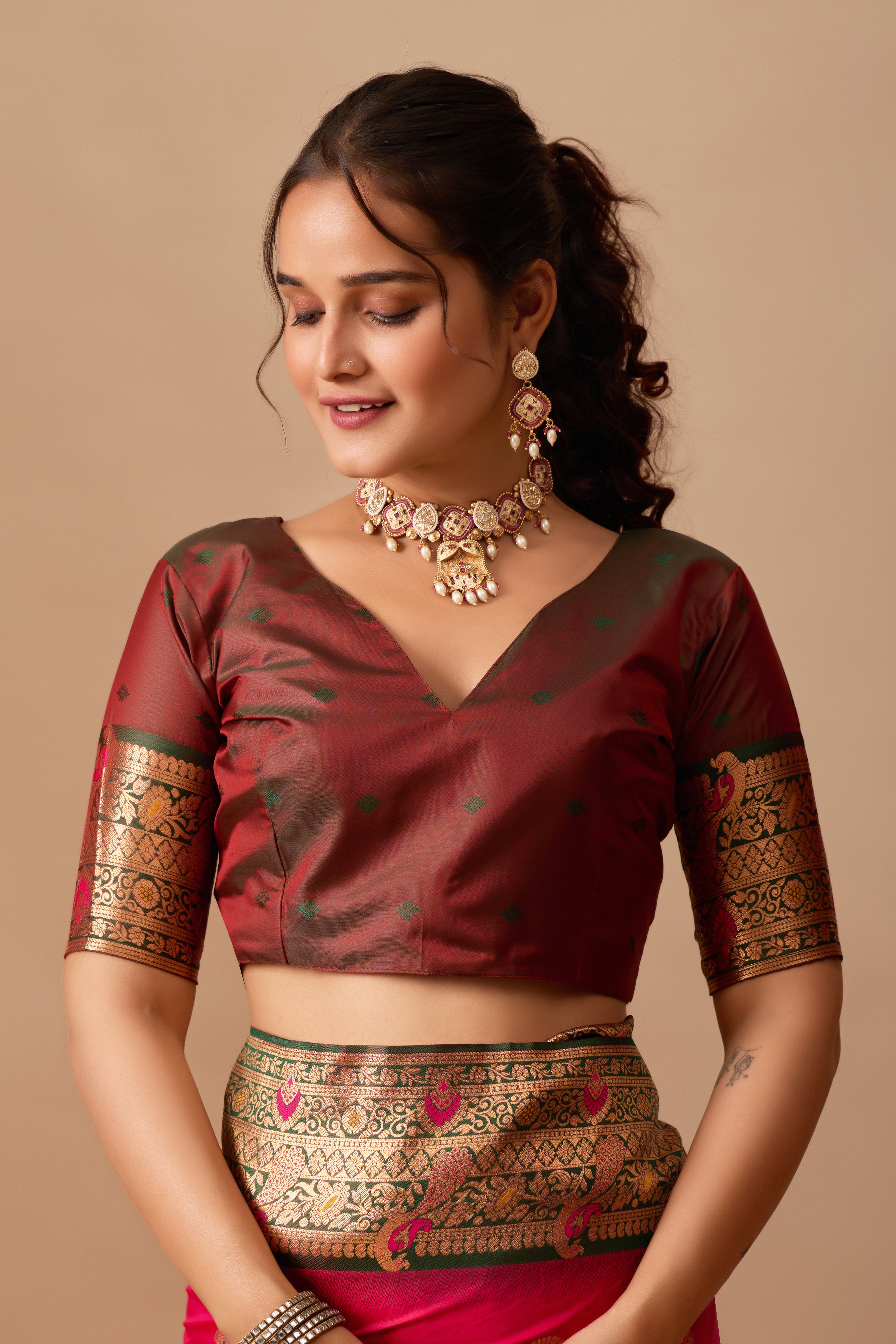 The Heritage Peacock Banarasi Silk Saree in Dark Rani