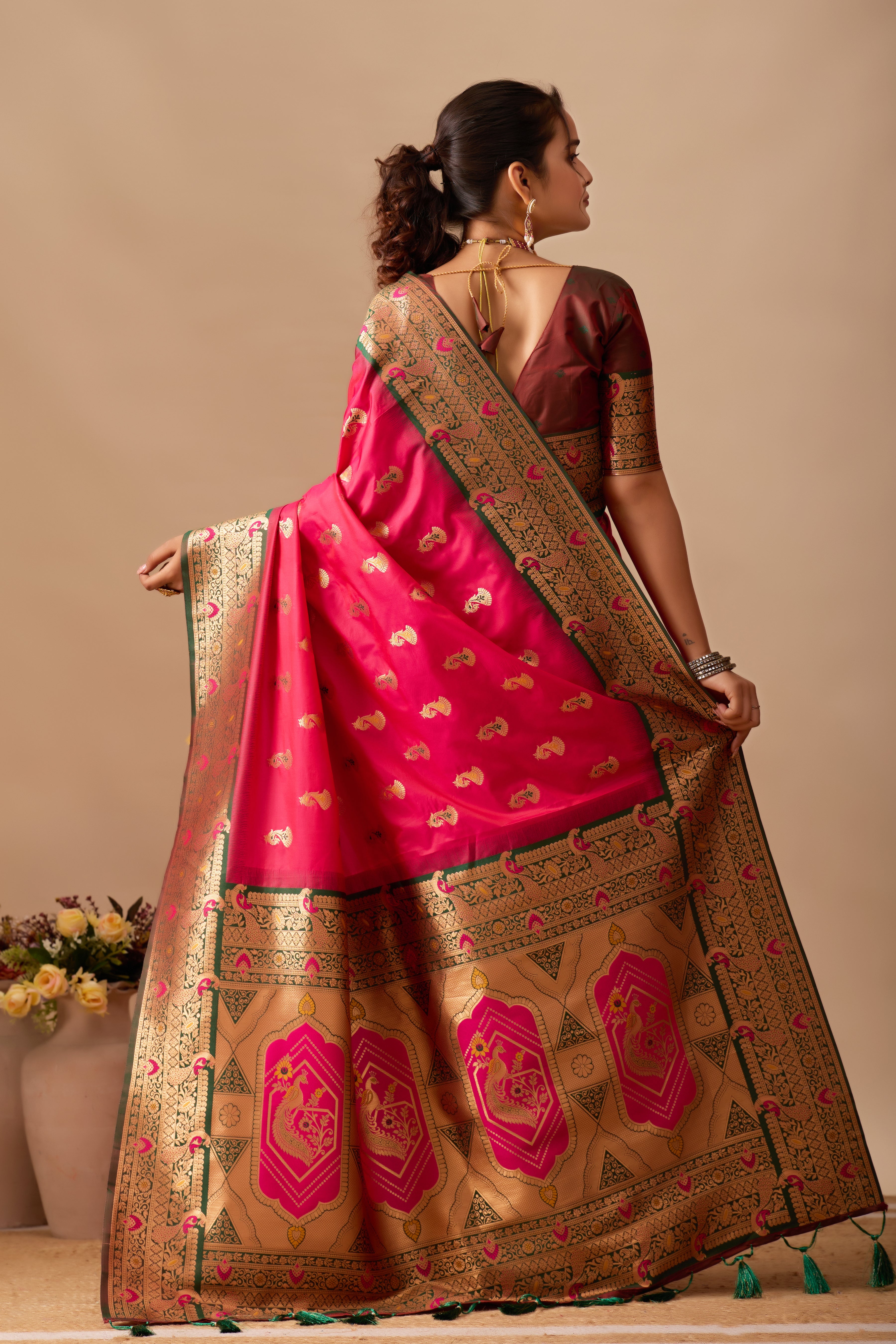 The Heritage Peacock Banarasi Silk Saree in Dark Rani