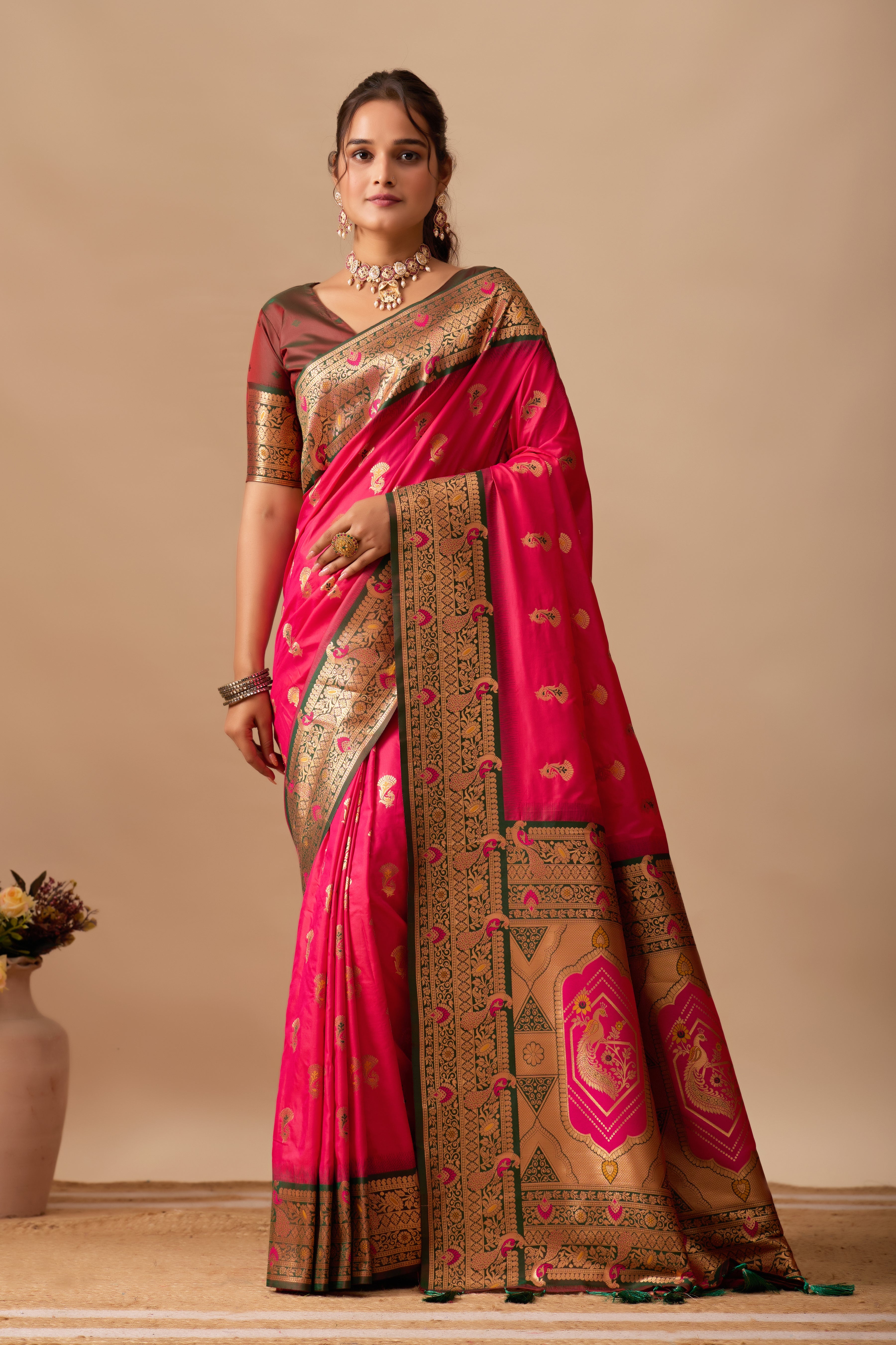 The Heritage Peacock Banarasi Silk Saree in Dark Rani