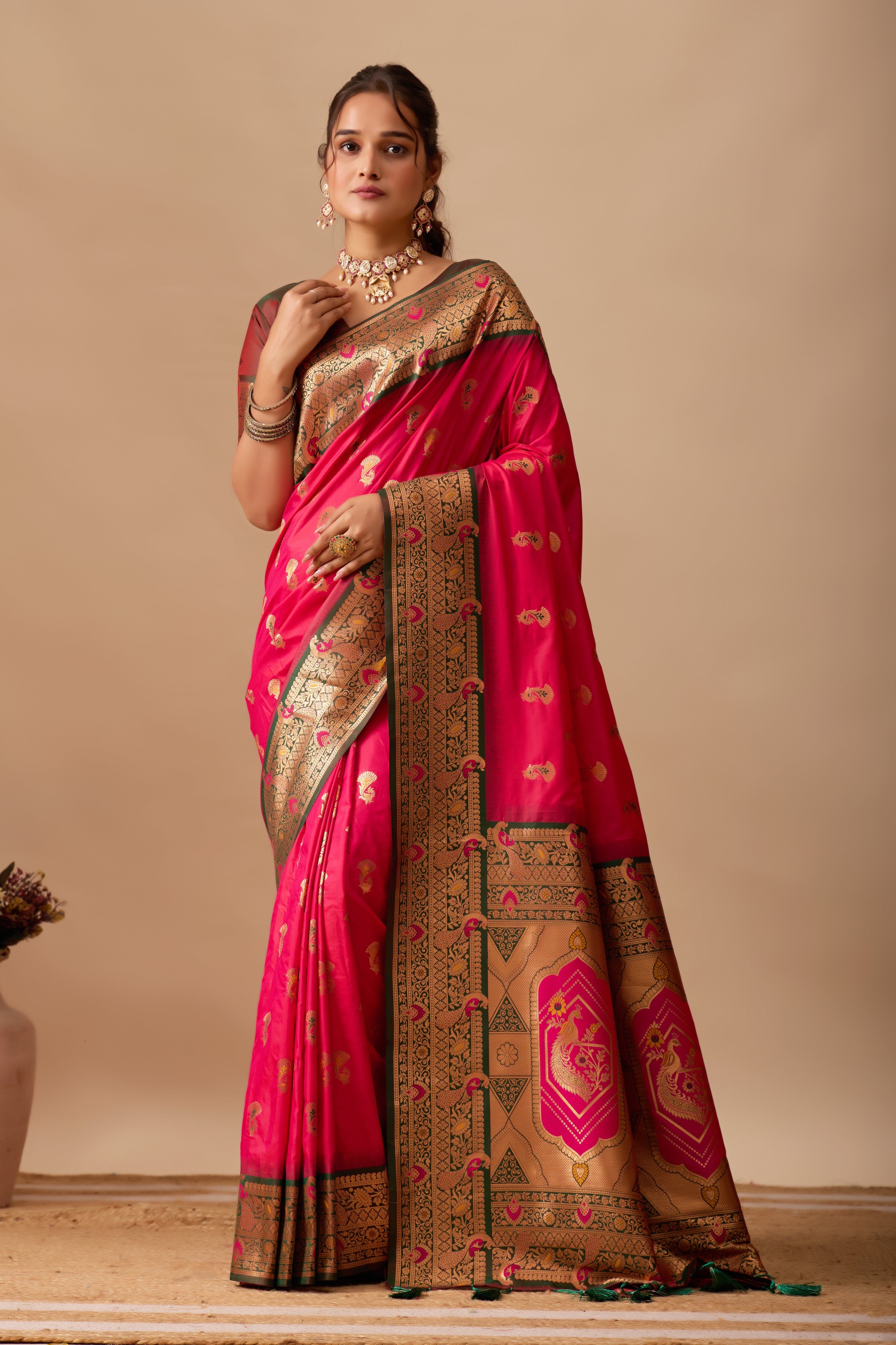 The Heritage Peacock Banarasi Silk Saree in Dark Rani