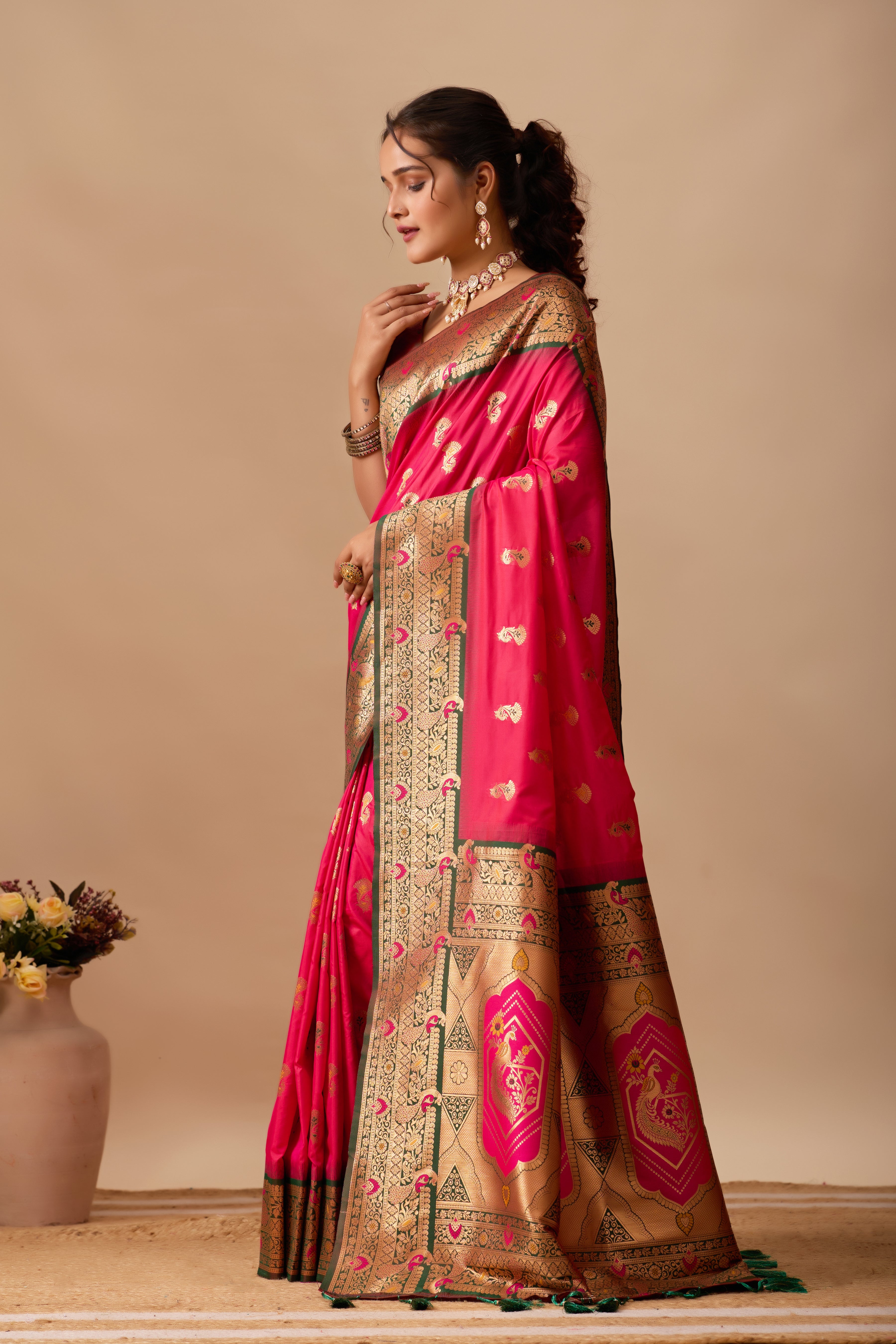 The Heritage Peacock Banarasi Silk Saree in Dark Rani