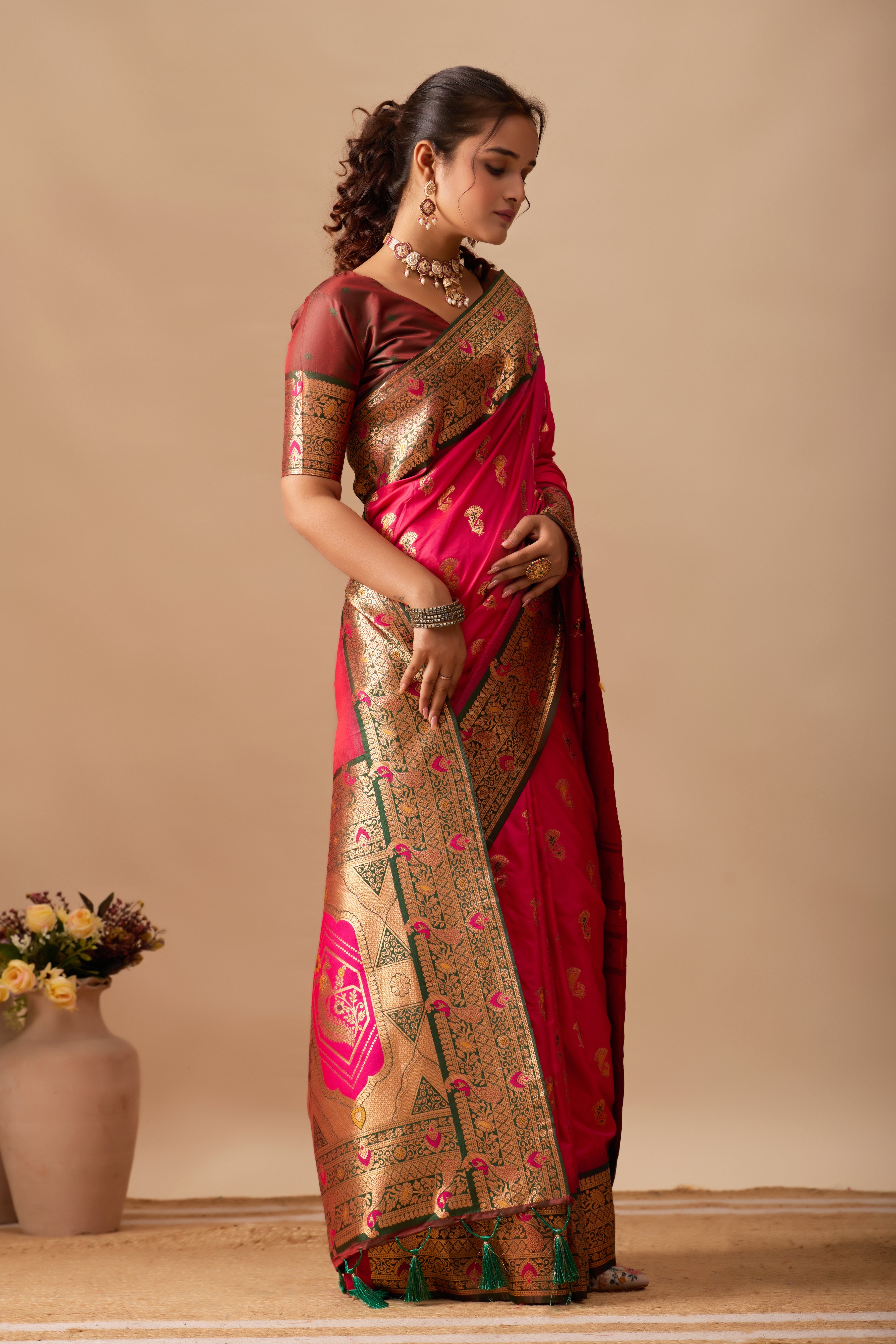 The Heritage Peacock Banarasi Silk Saree in Dark Rani