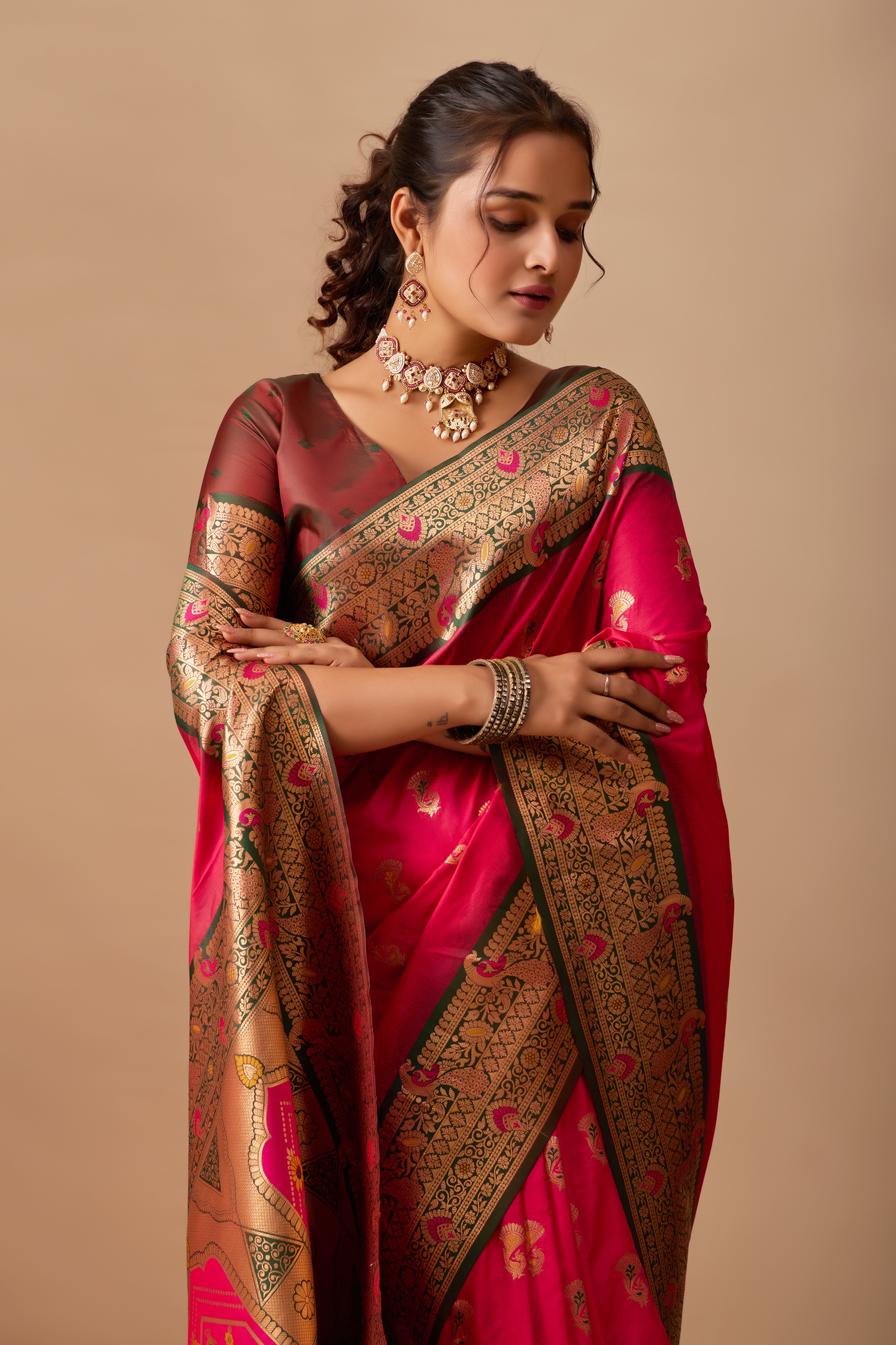 The Heritage Peacock Banarasi Silk Saree in Dark Rani