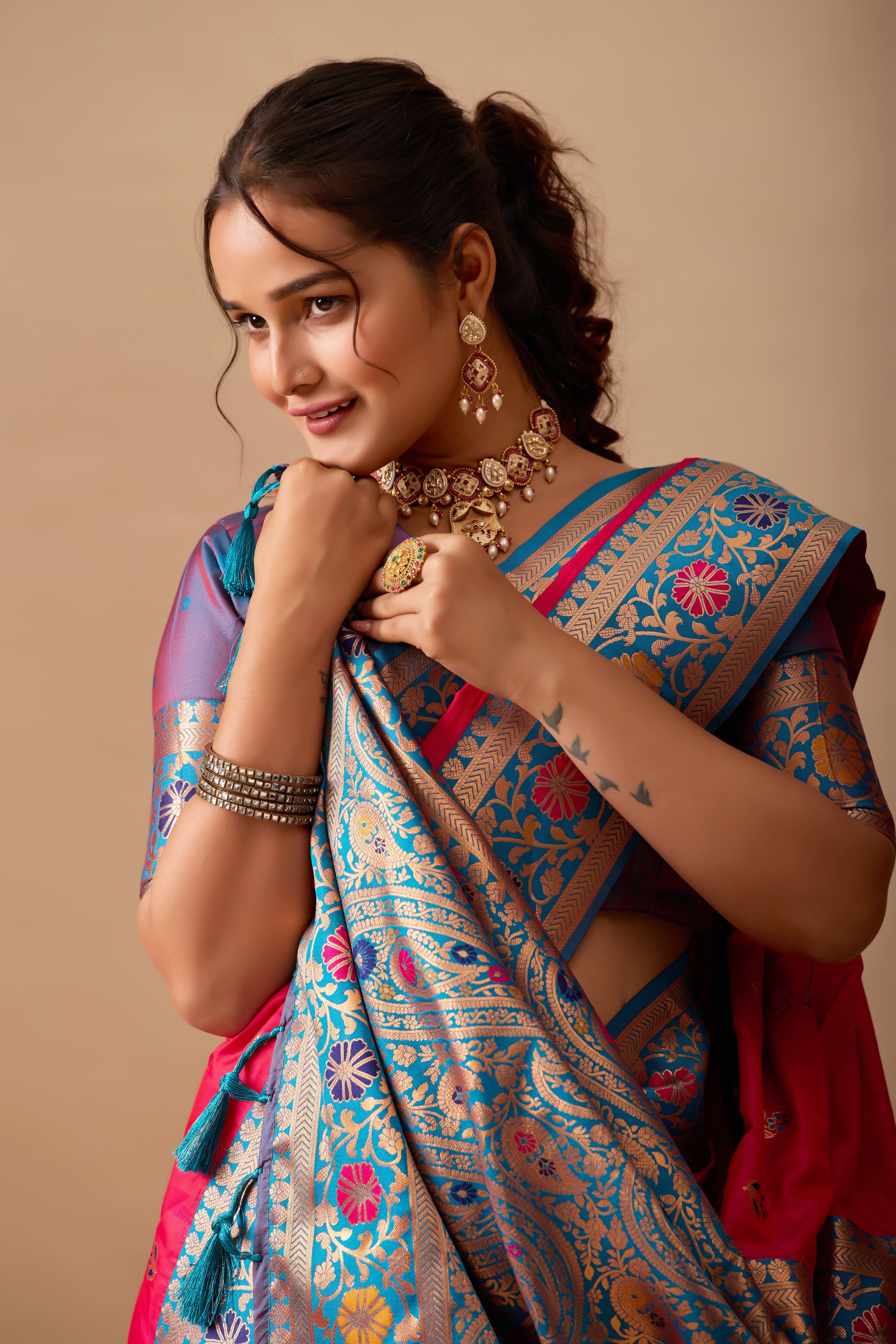 Kavya Banarasi Silk Saree in Dark Rani