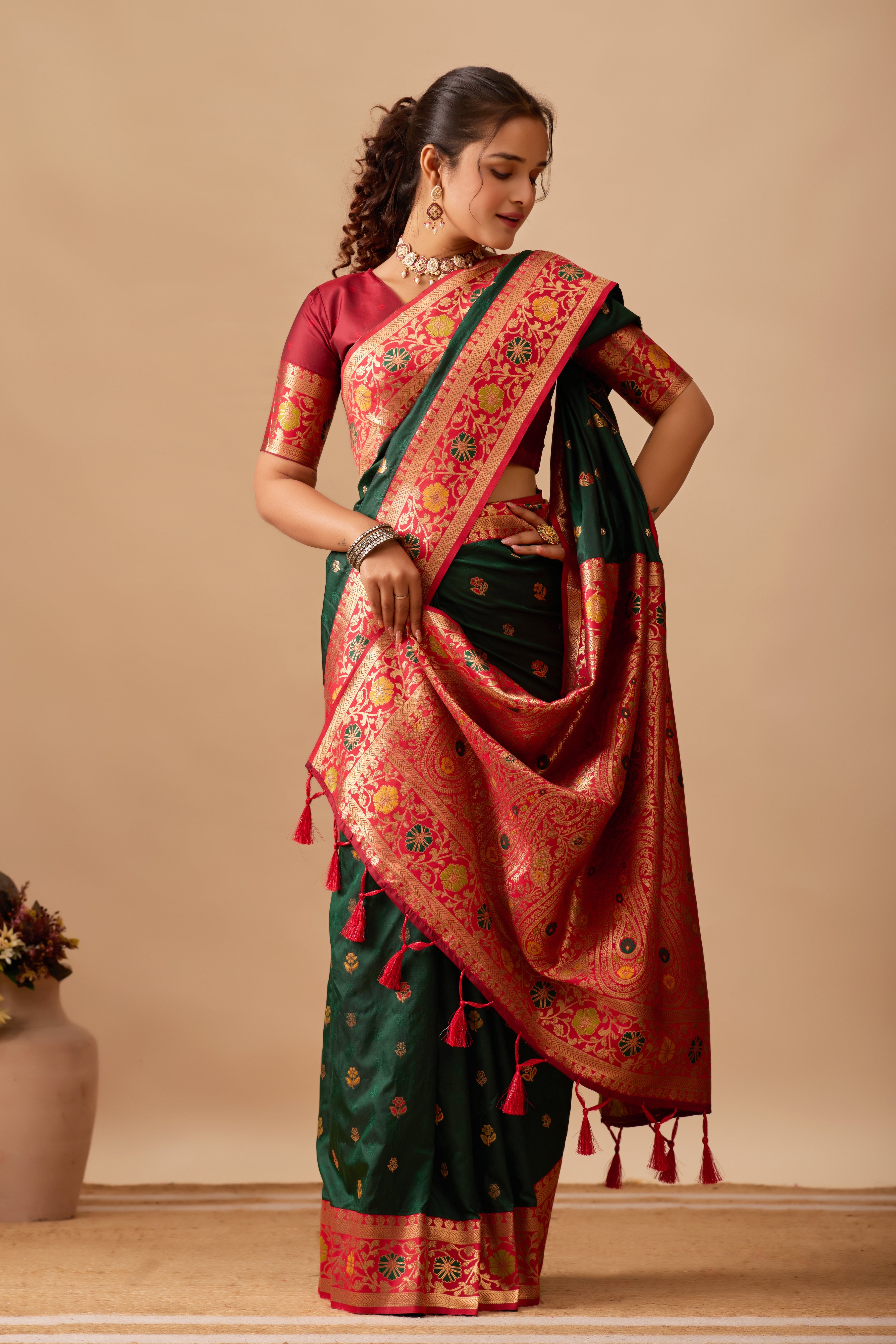 Kavya Banarasi Silk Saree in Bottle Green