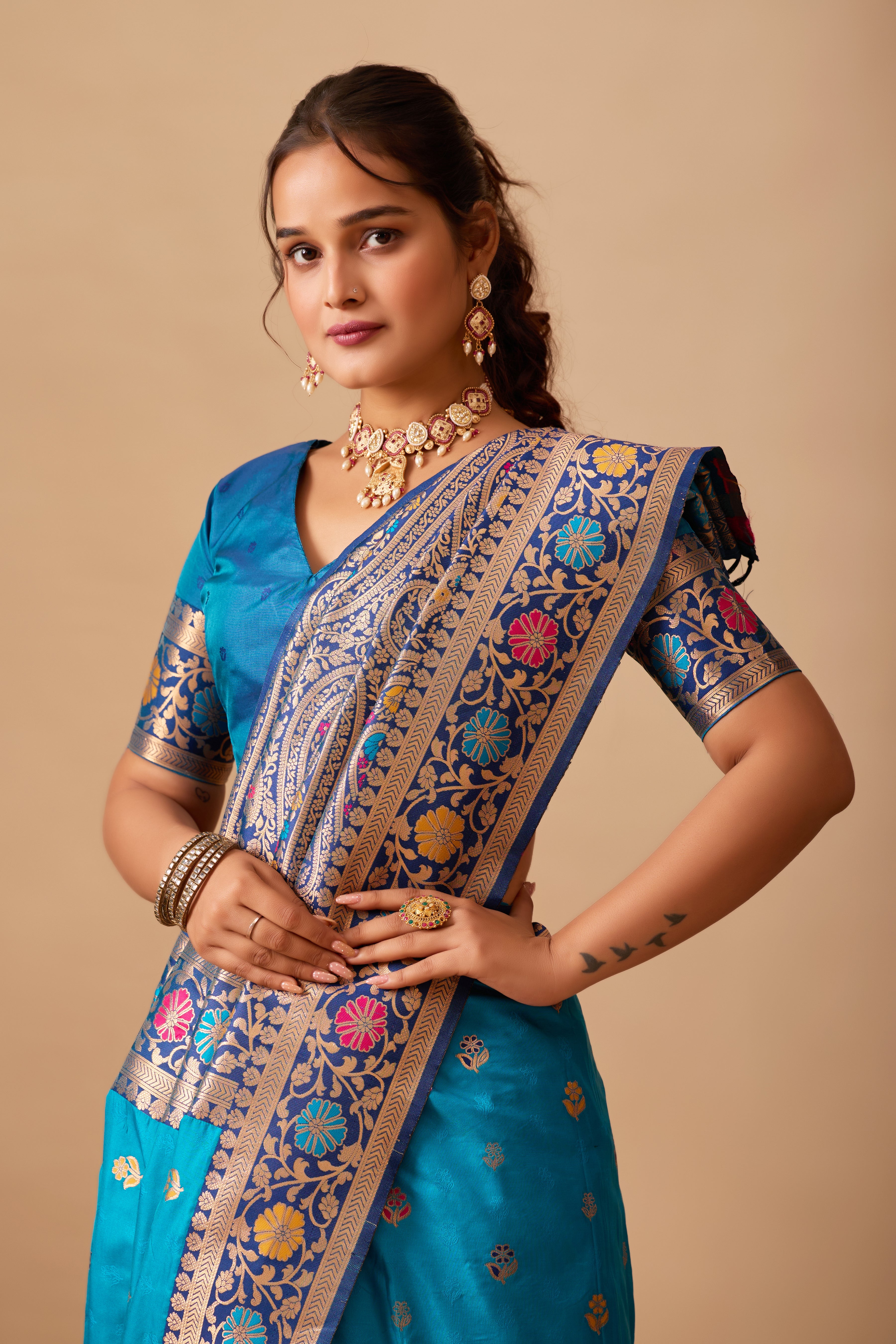 Kavya Banarasi Silk Saree in Firoji