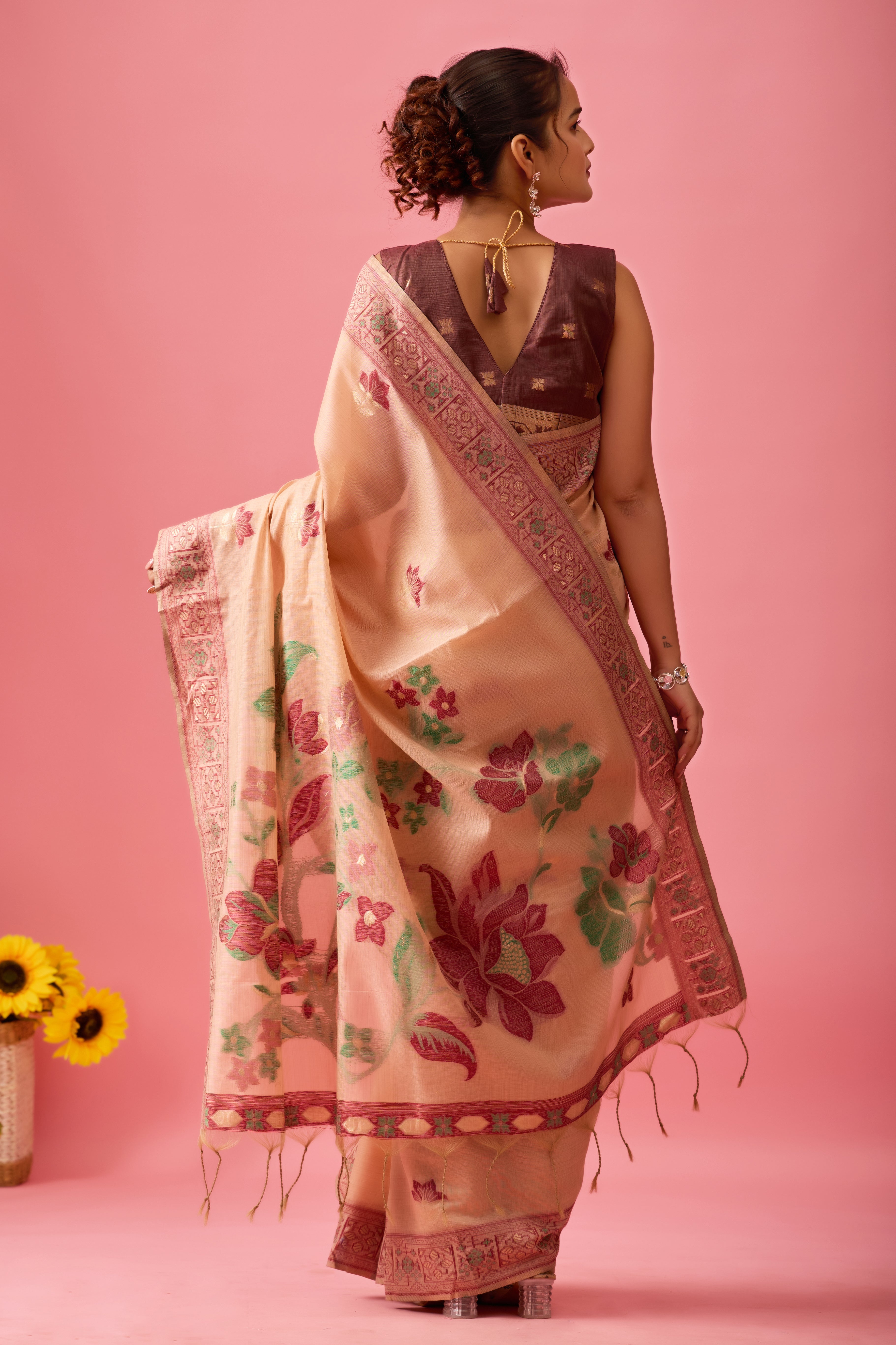 Aarvi Muga Cotton Saree in Peach