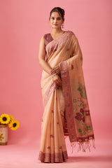 Aarvi Muga Cotton Saree in Peach