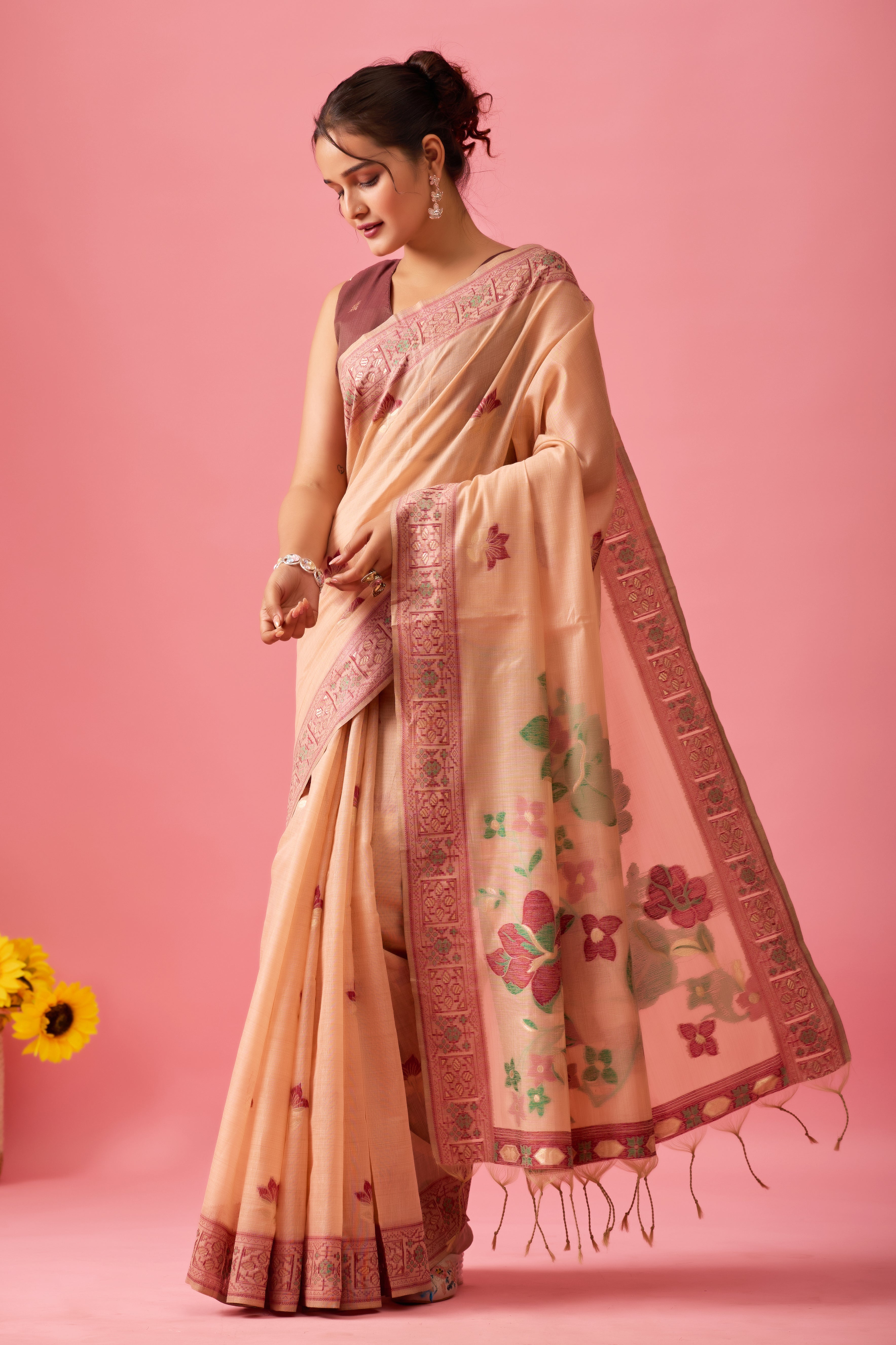 Aarvi Muga Cotton Saree in Peach
