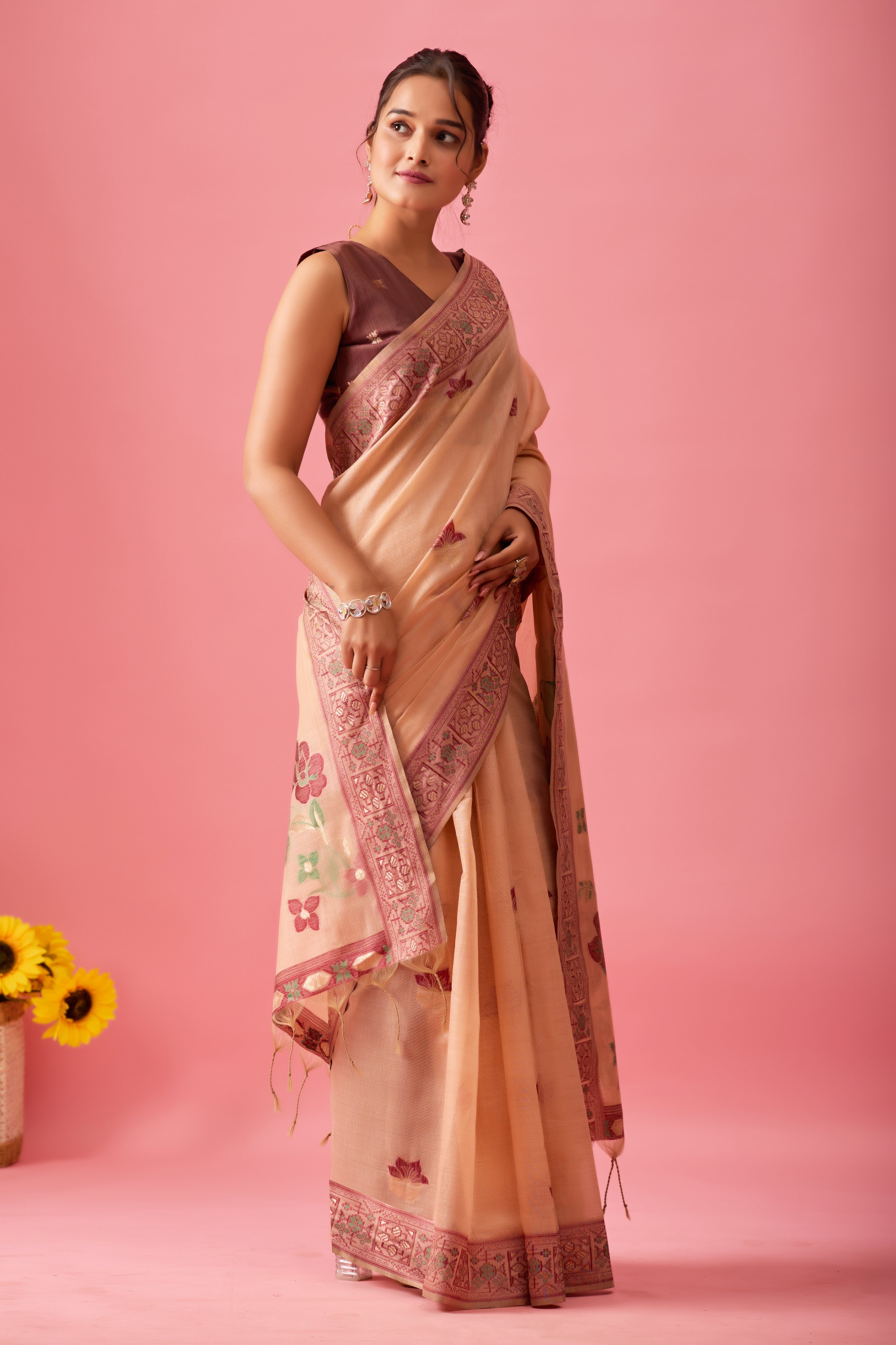 Aarvi Muga Cotton Saree in Peach