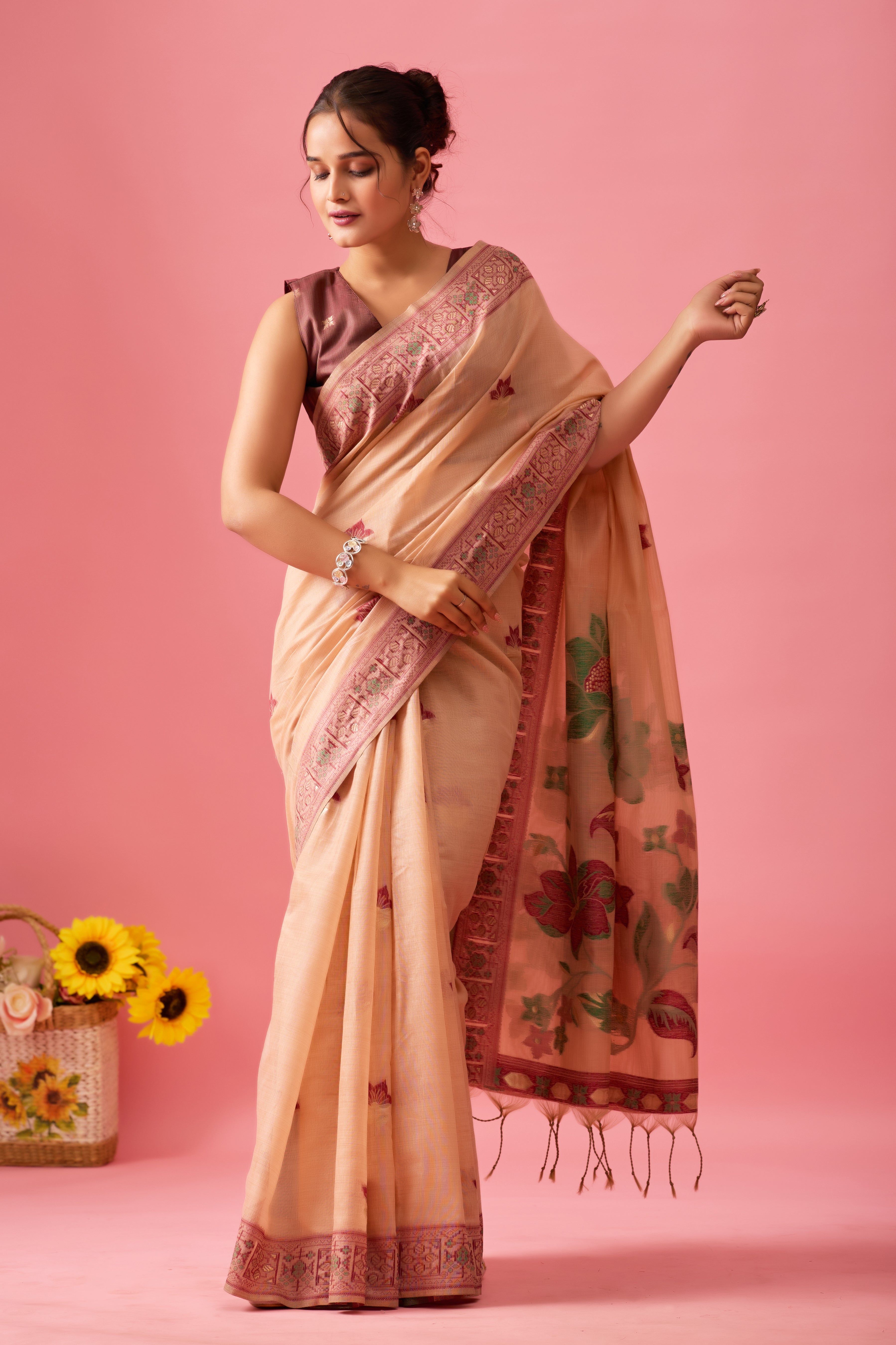 Aarvi Muga Cotton Saree in Peach