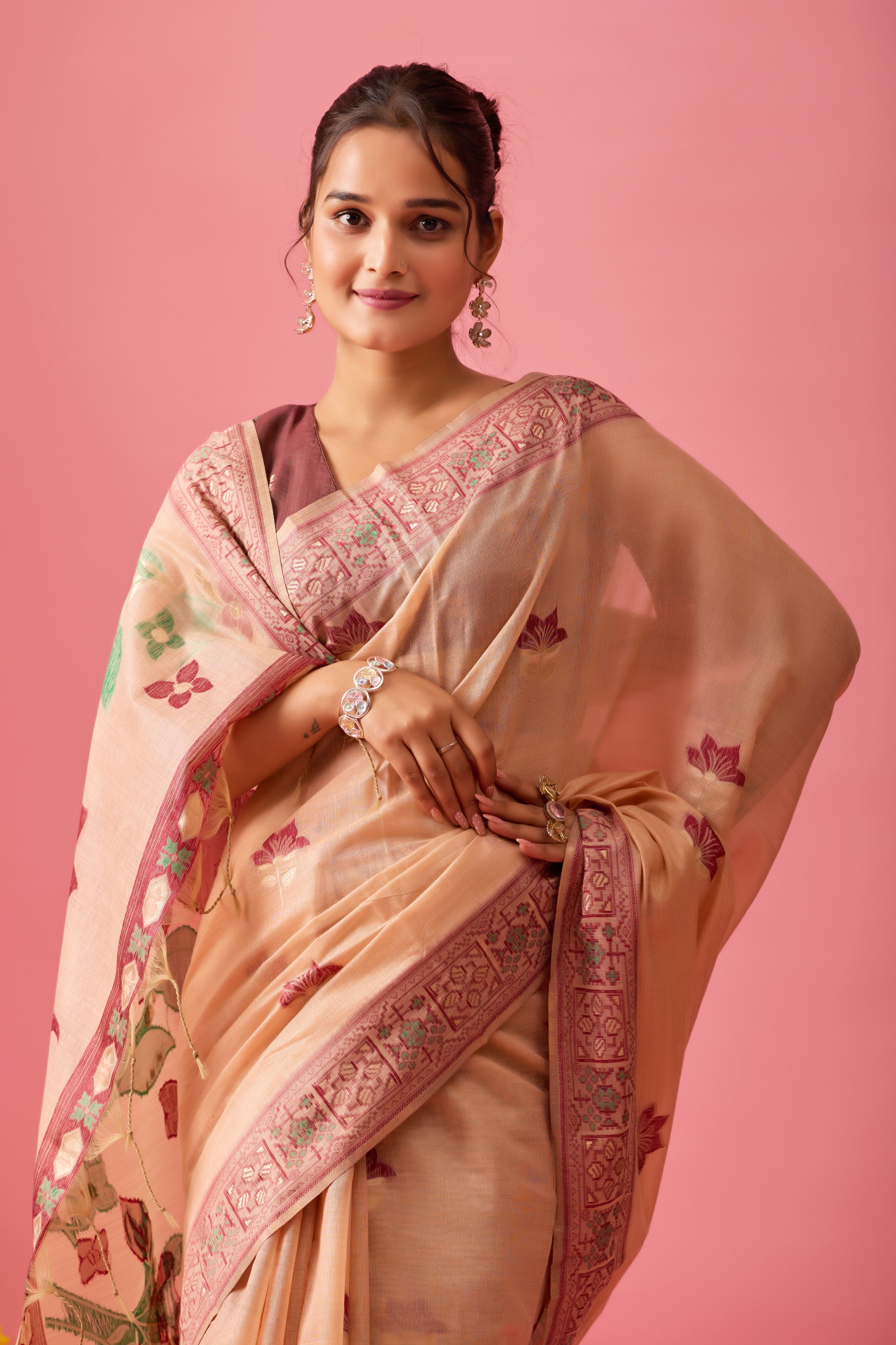 Aarvi Muga Cotton Saree in Peach