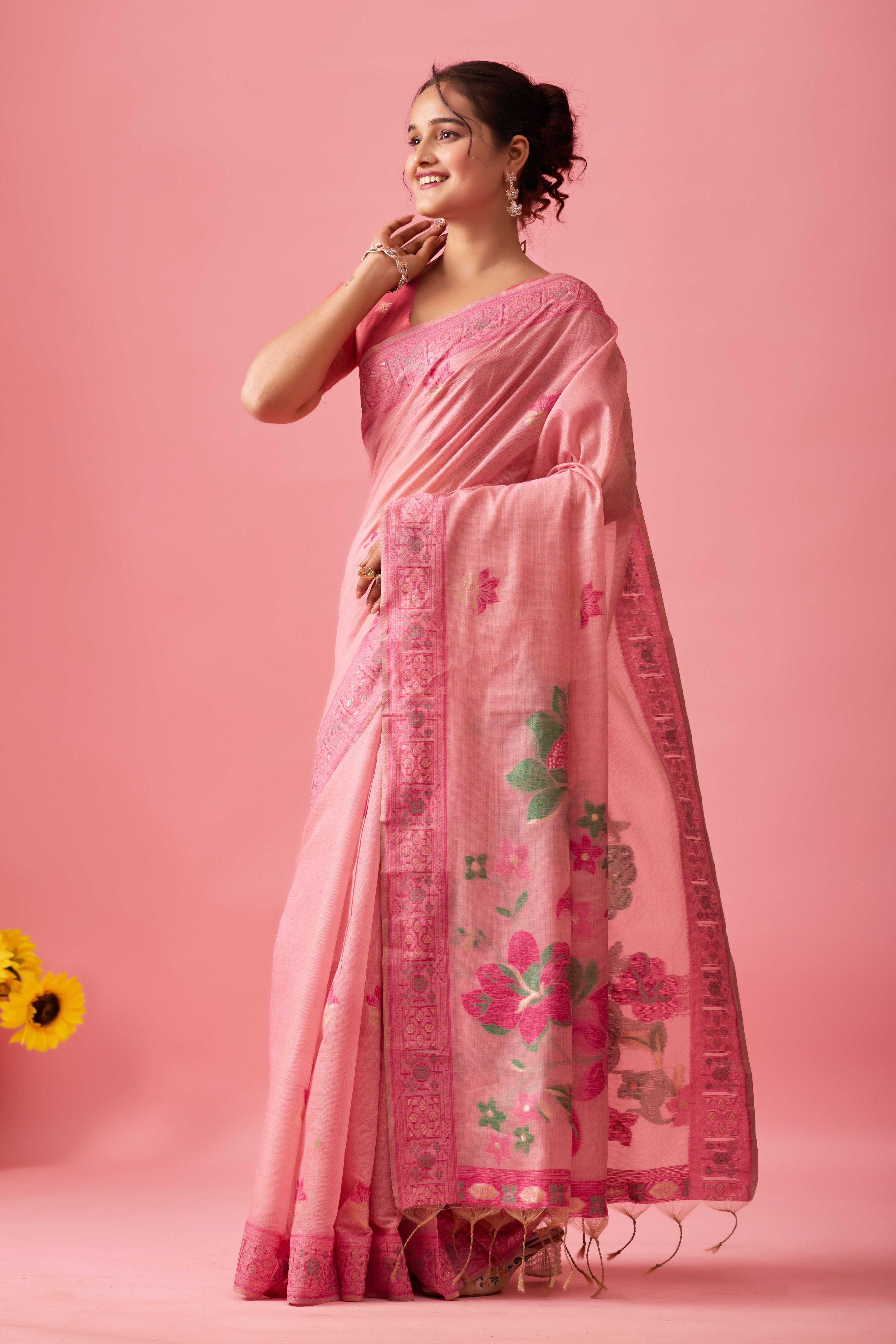 Aarvi Muga Cotton Saree in Pink