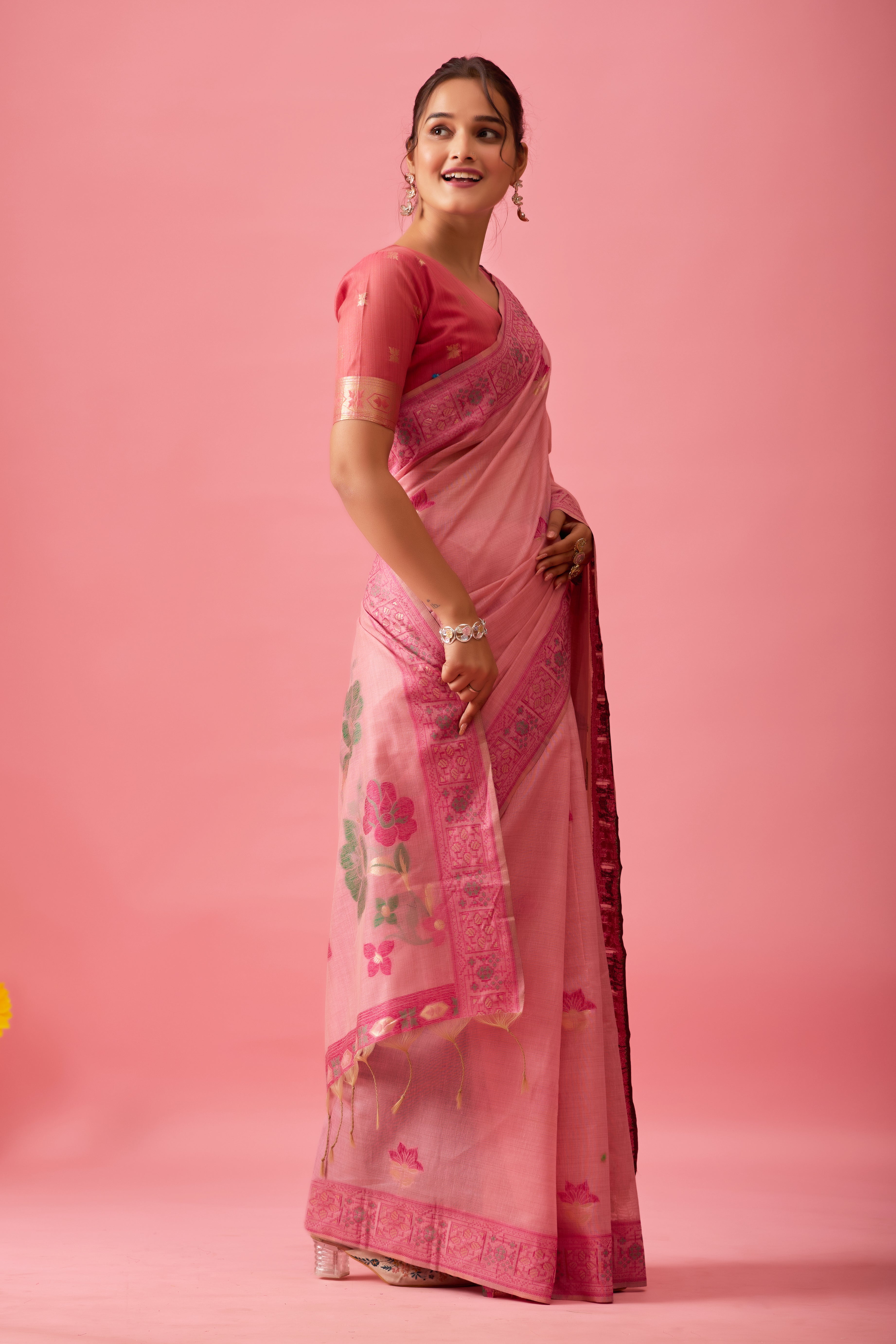 Aarvi Muga Cotton Saree in Pink