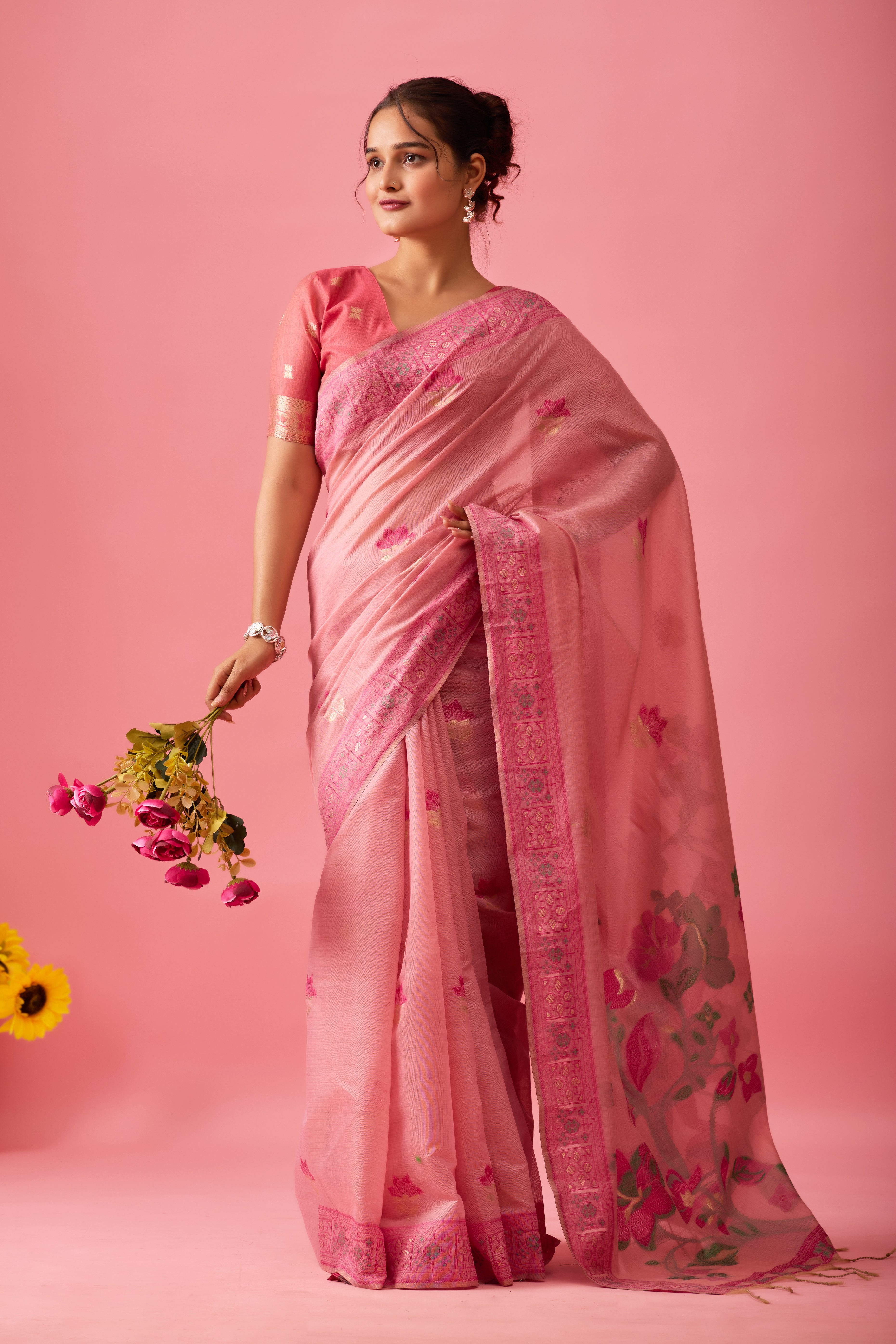Aarvi Muga Cotton Saree in Pink