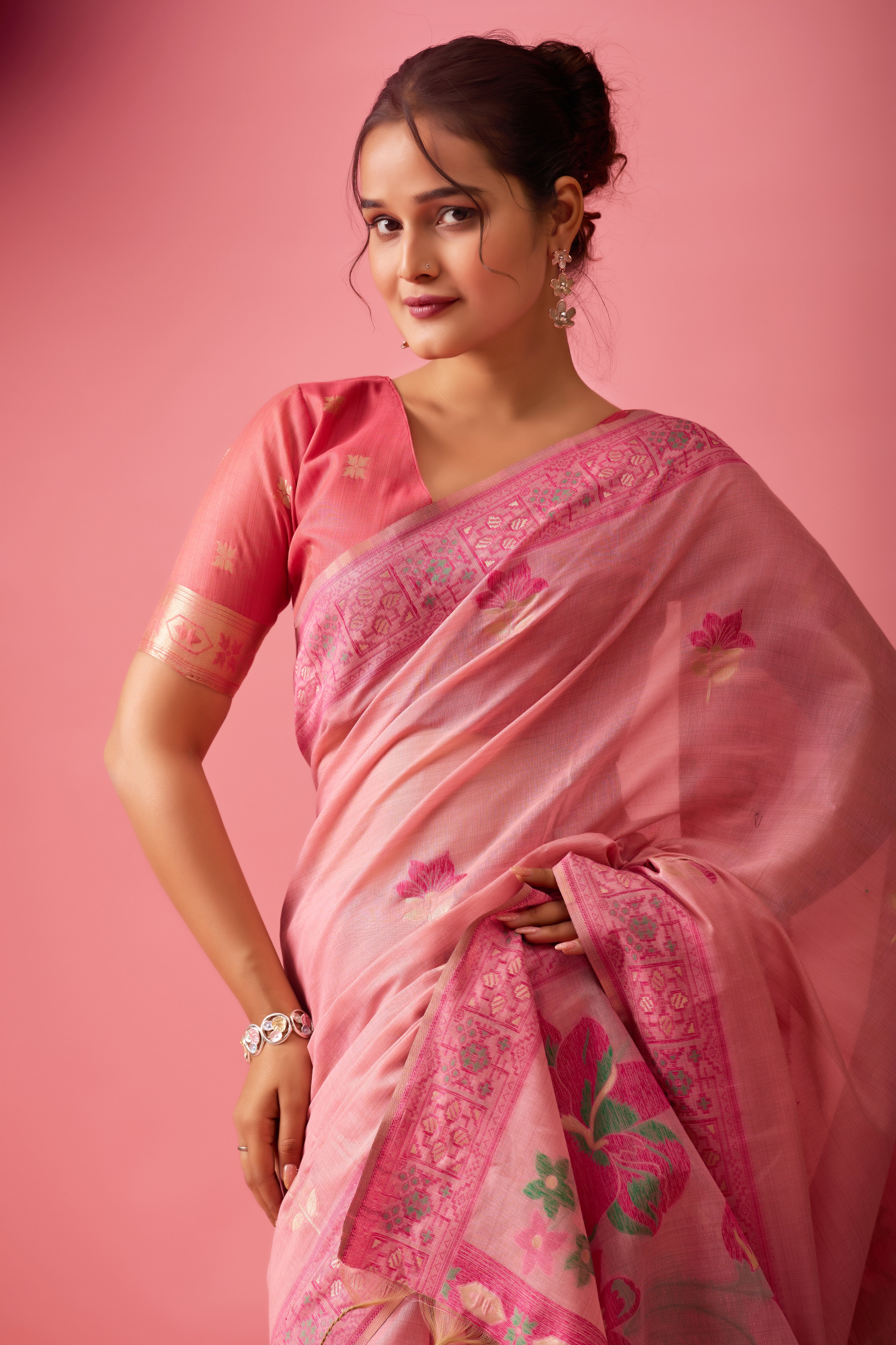 Aarvi Muga Cotton Saree in Pink
