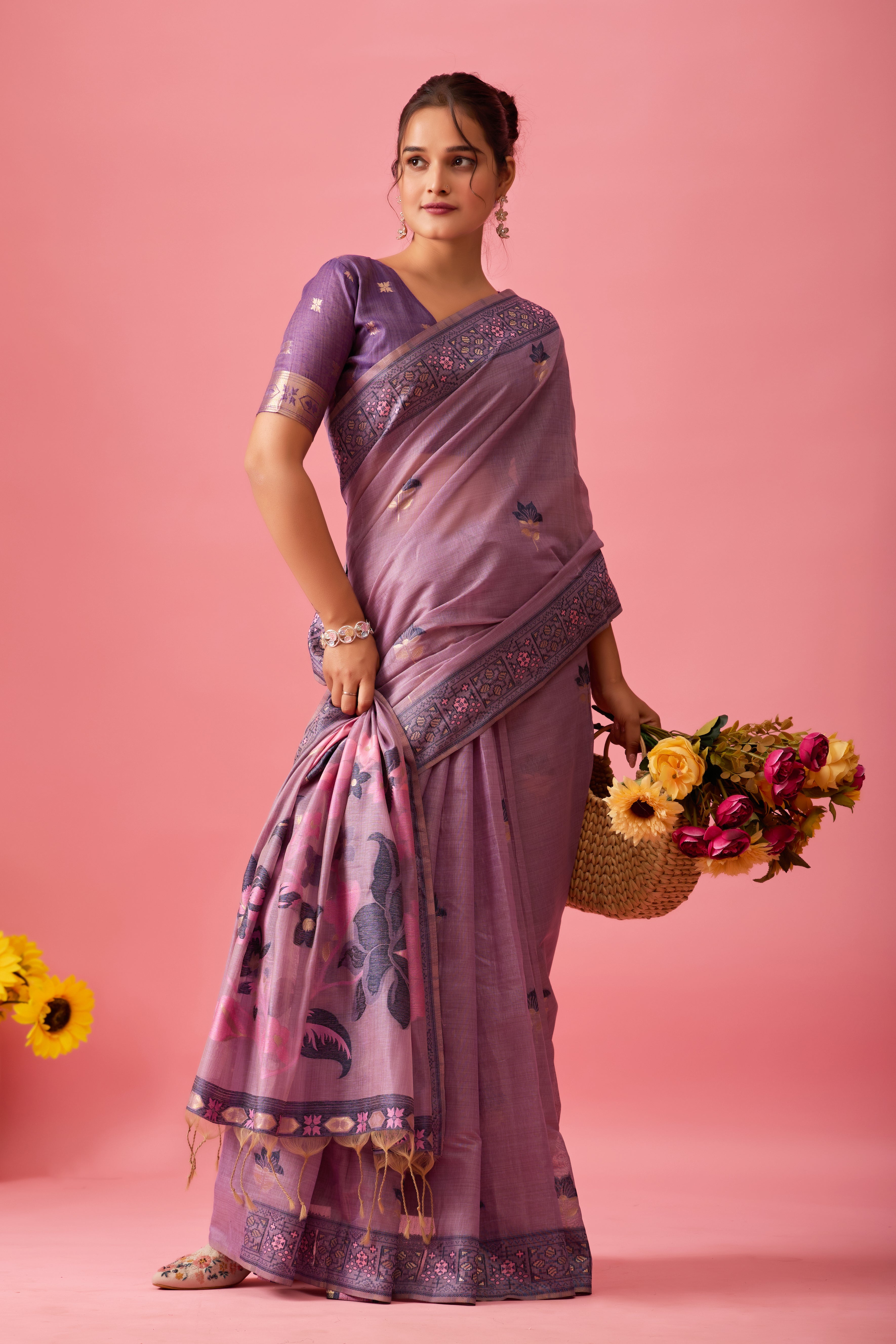 Aarvi Muga Cotton Saree in Lavender