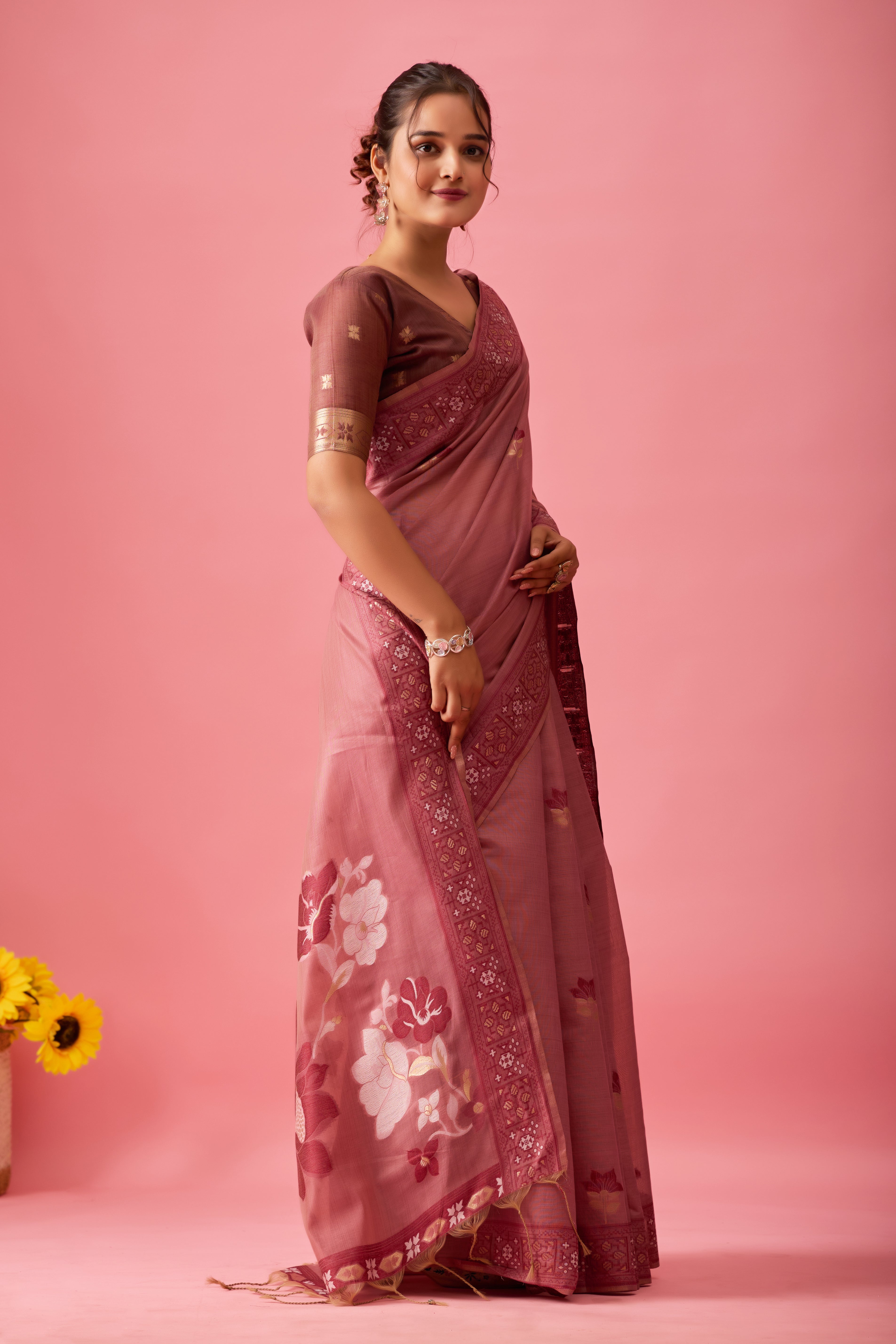 Aarvi Muga Cotton Saree in Wine