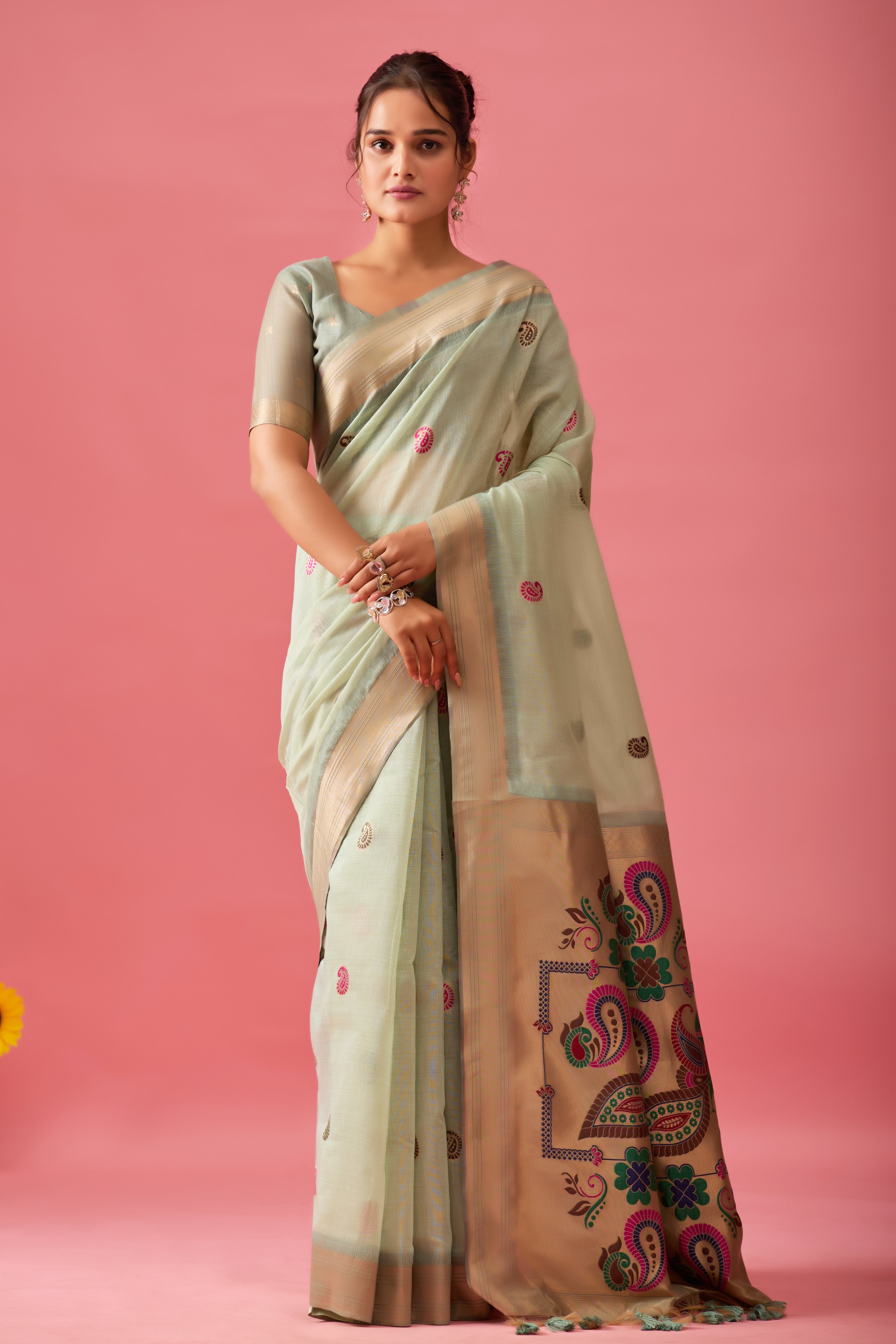 Nayara Paithani Cotton Silk Saree in Pista