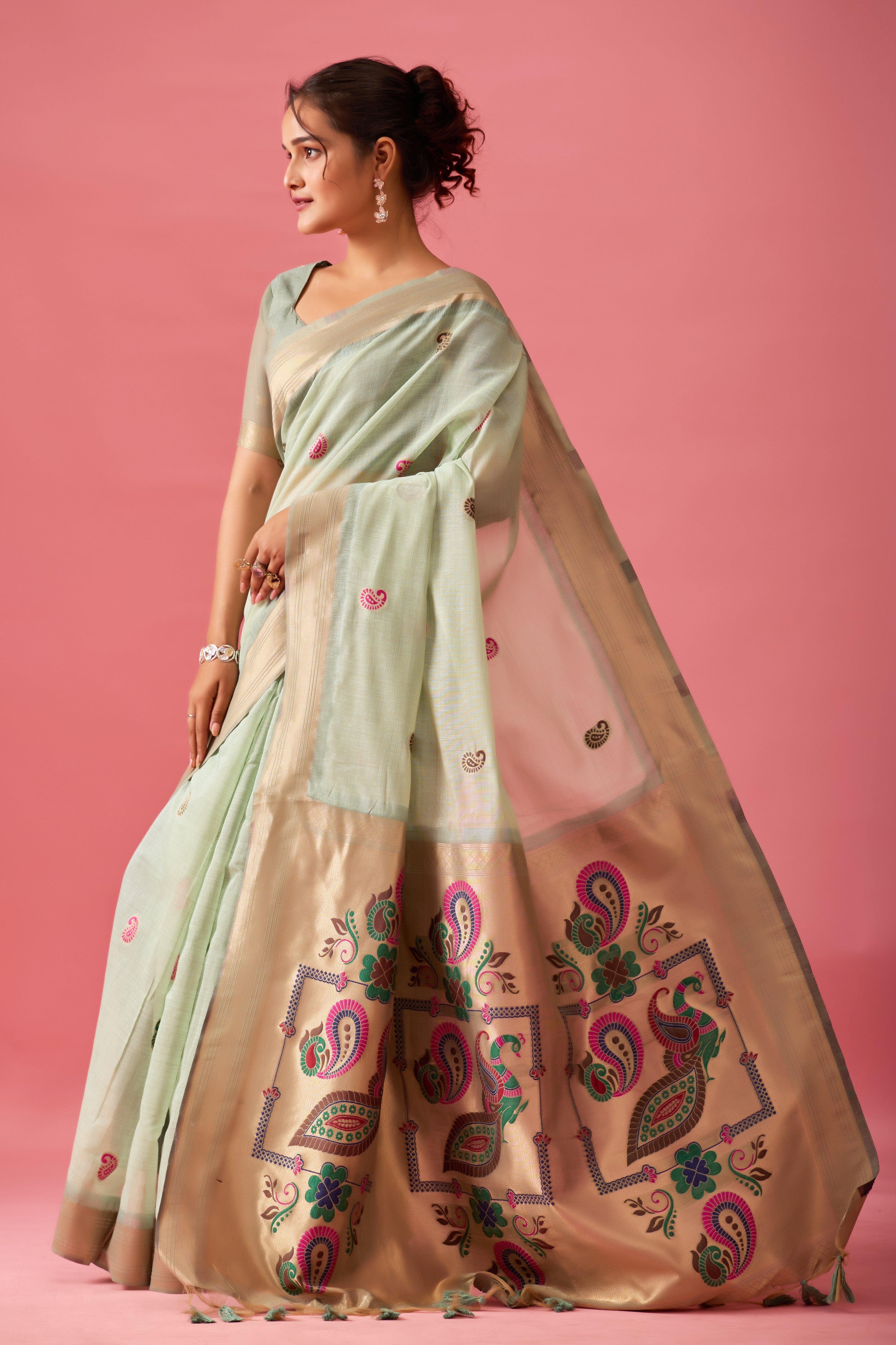 Nayara Paithani Cotton Silk Saree in Pista