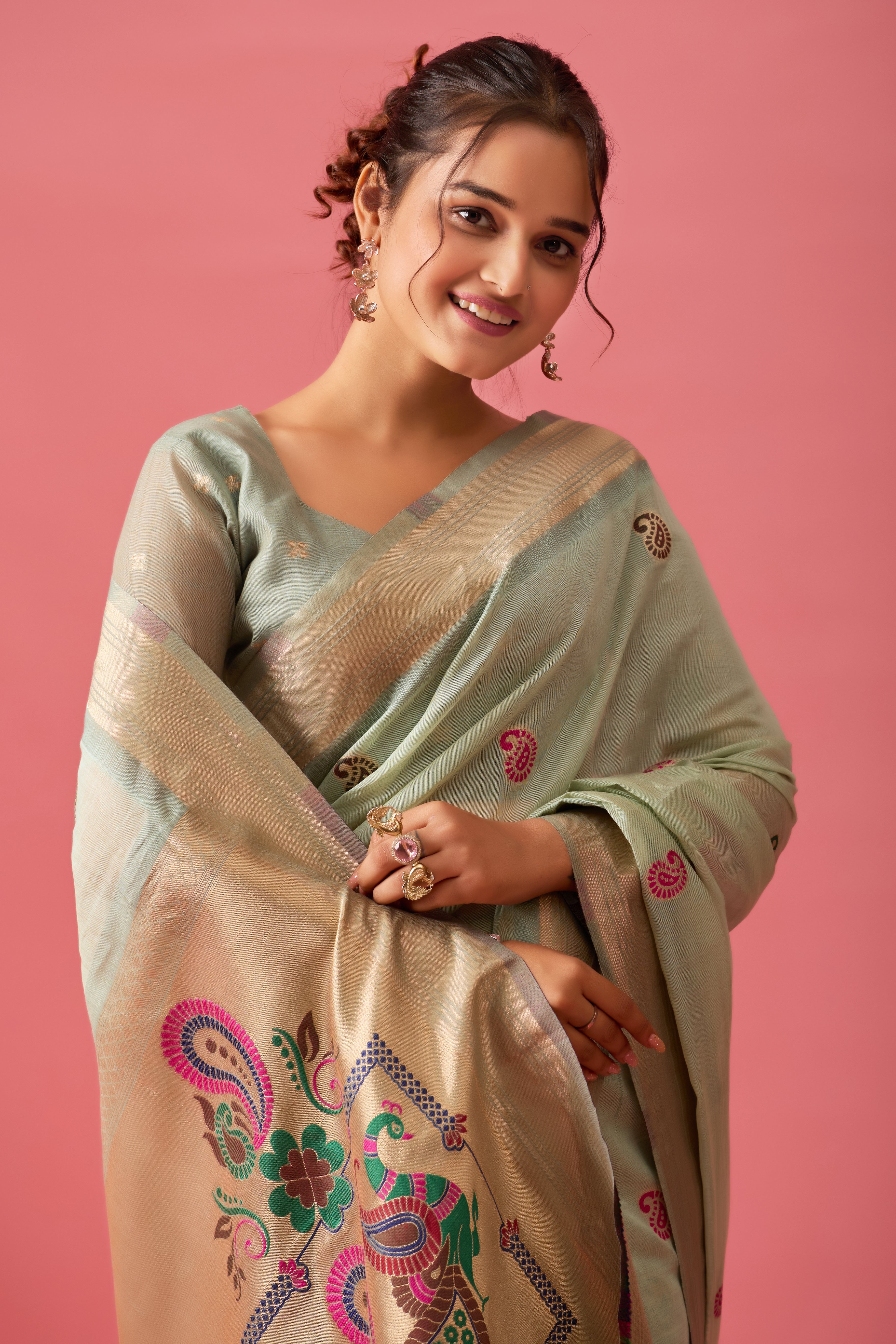Nayara Paithani Cotton Silk Saree in Pista