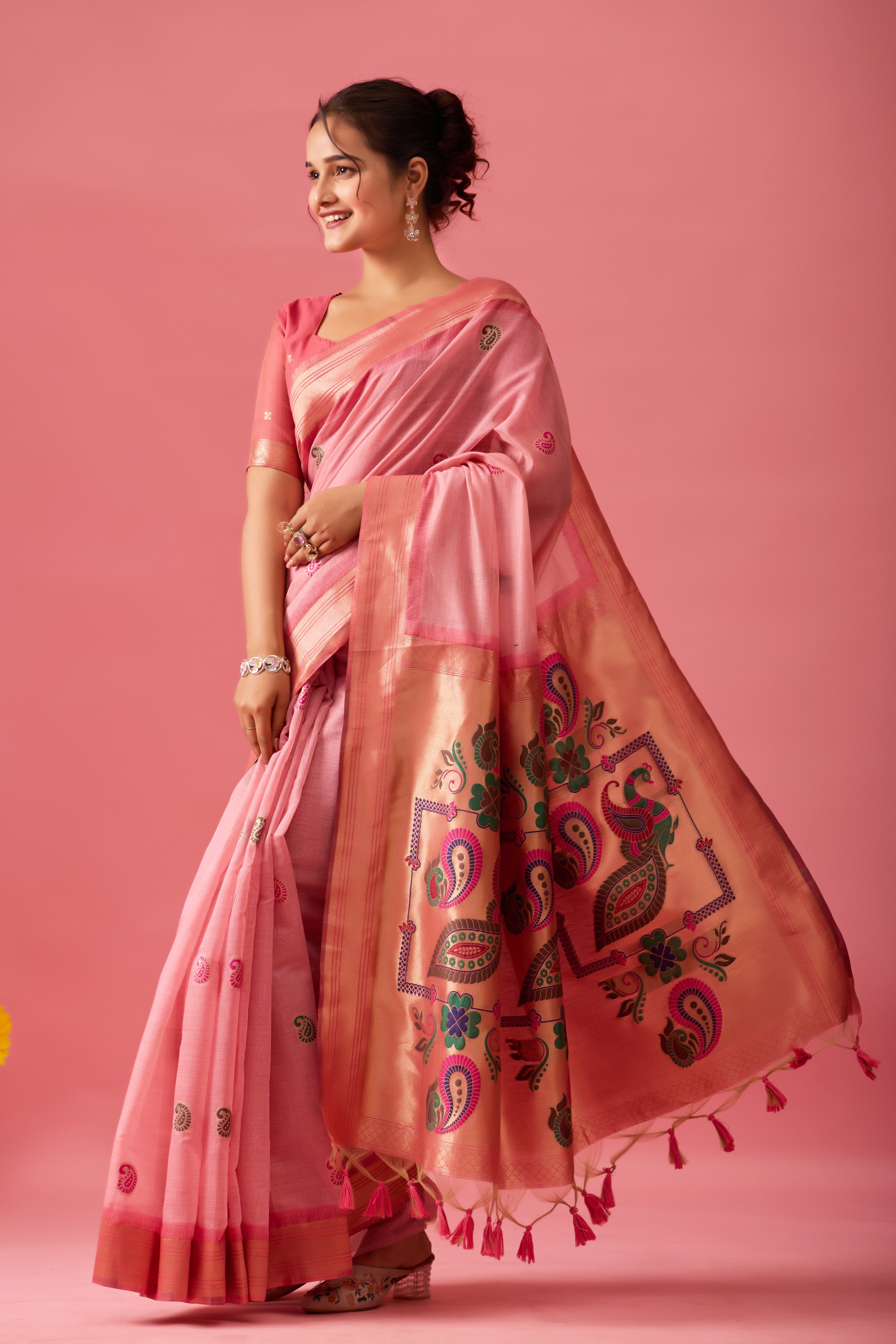 Nayara Paithani Cotton Silk Saree in Pink