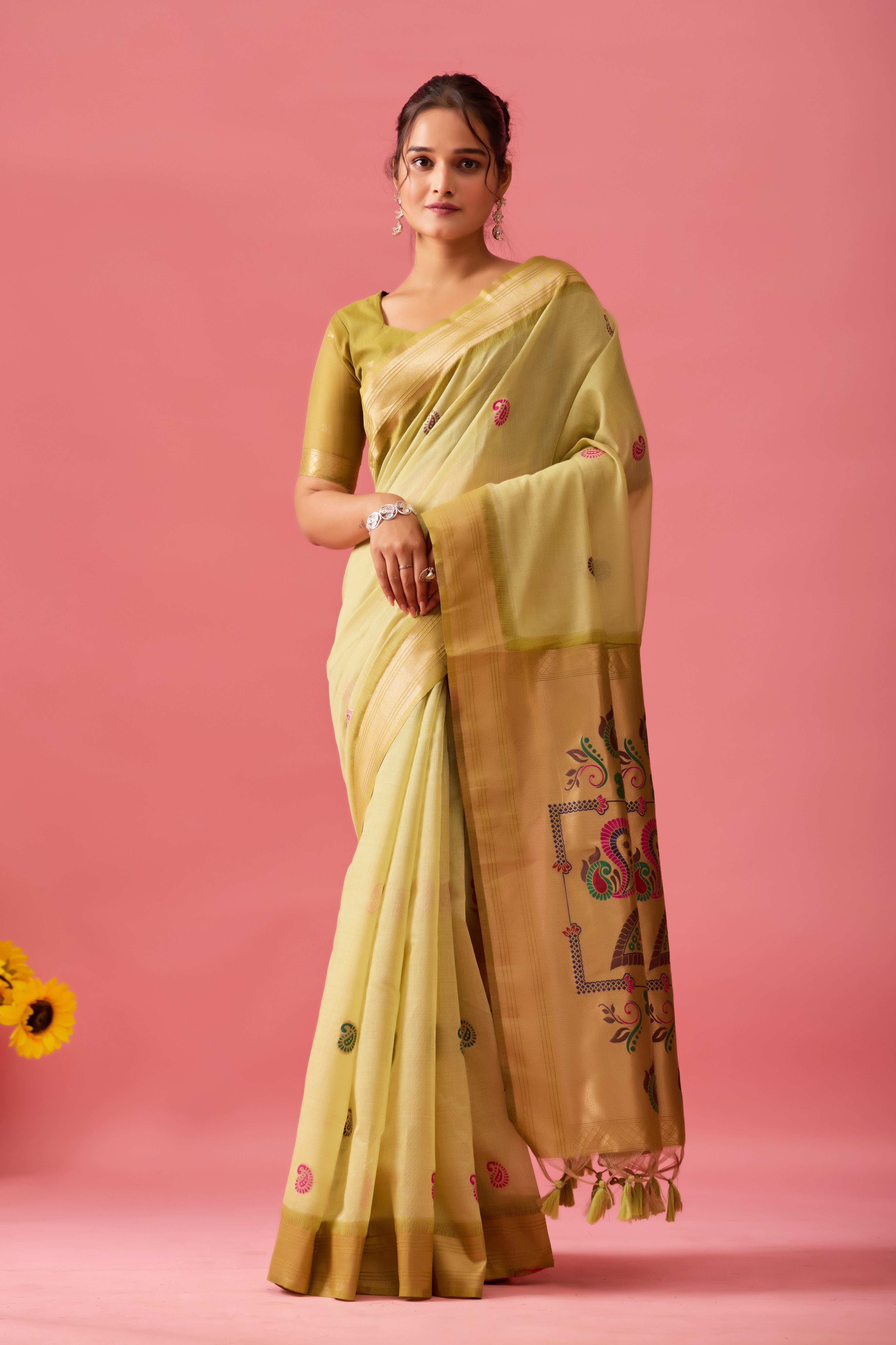 Nayara Paithani Cotton Silk Saree in Mehendi