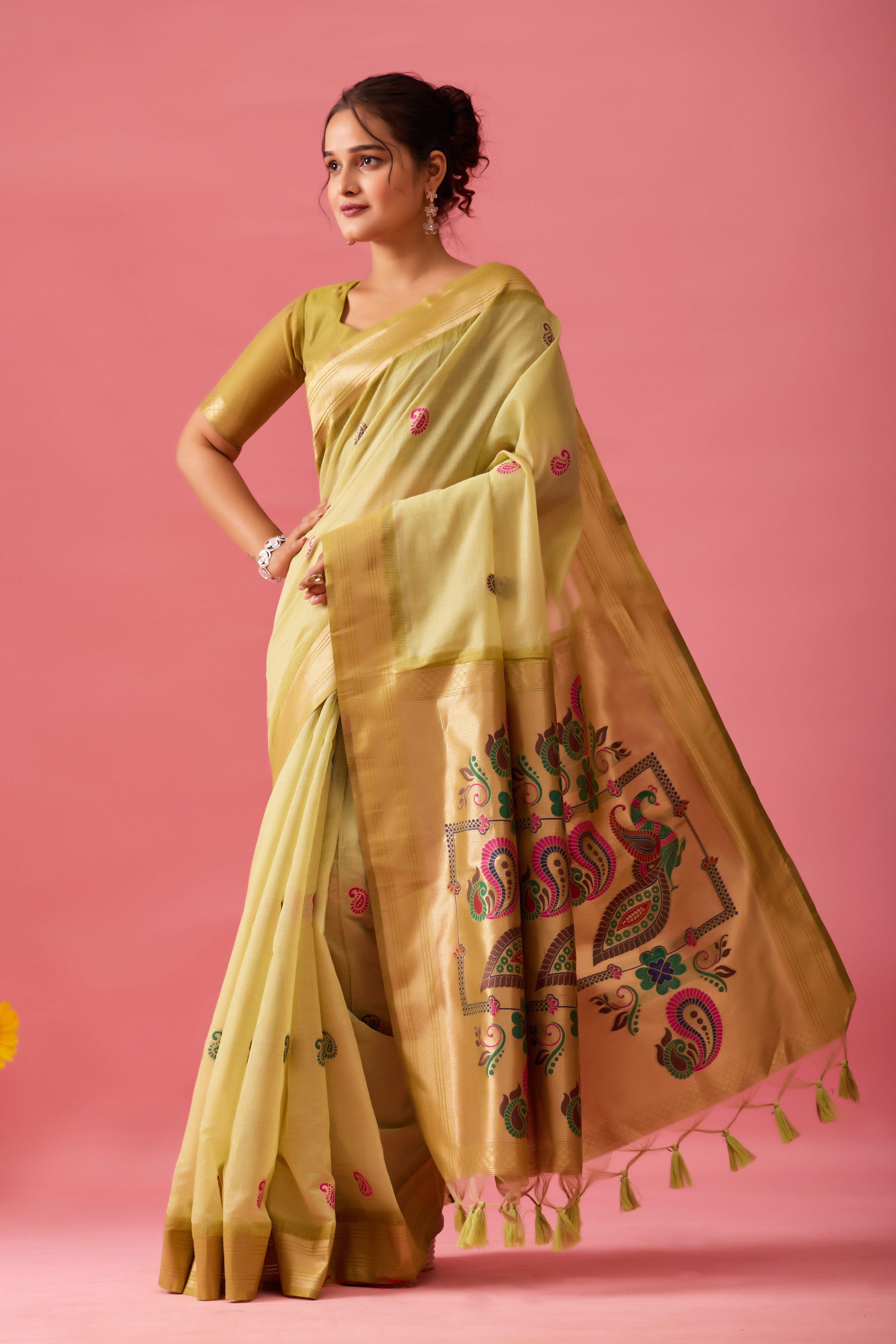 Nayara Paithani Cotton Silk Saree in Mehendi