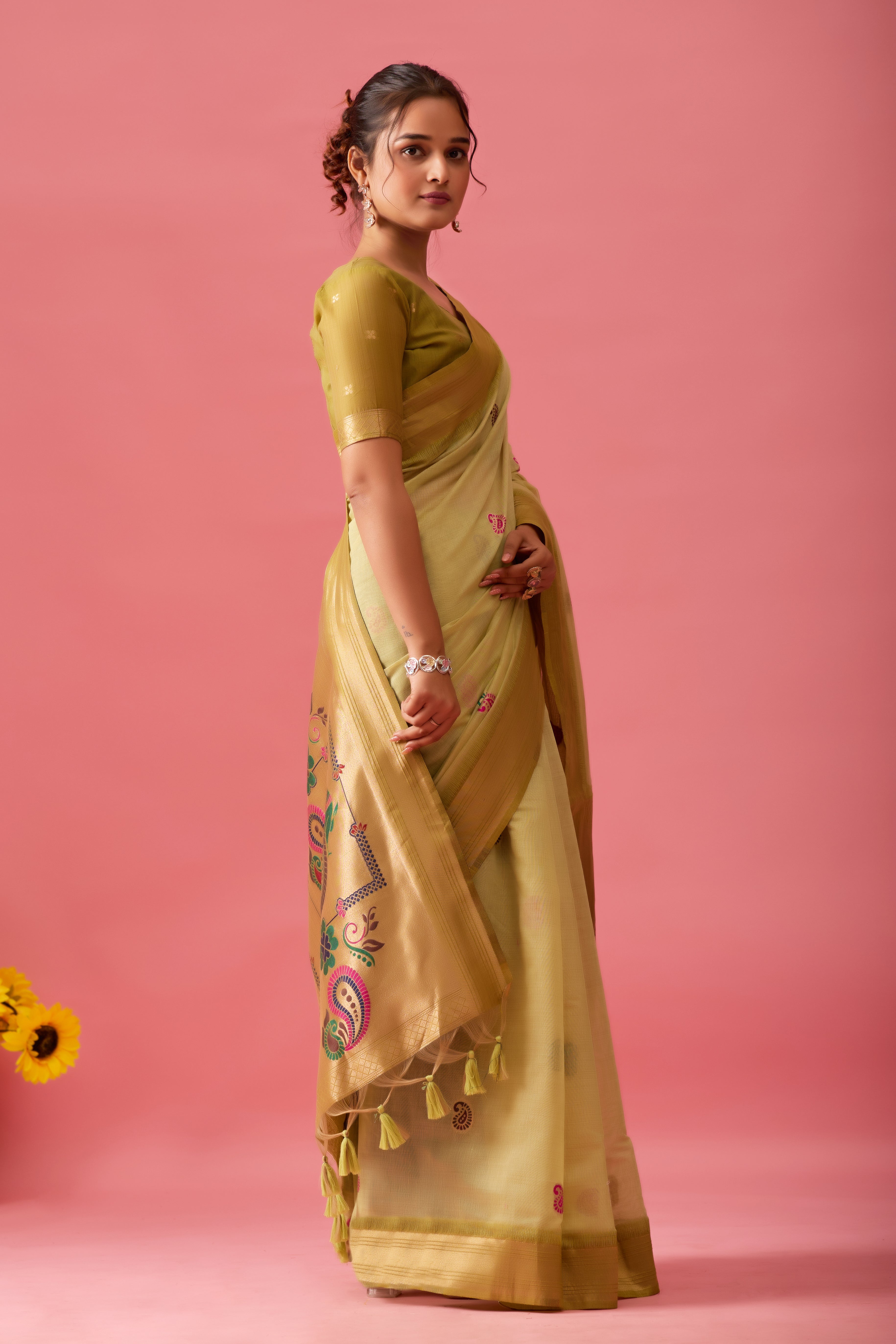 Nayara Paithani Cotton Silk Saree in Mehendi