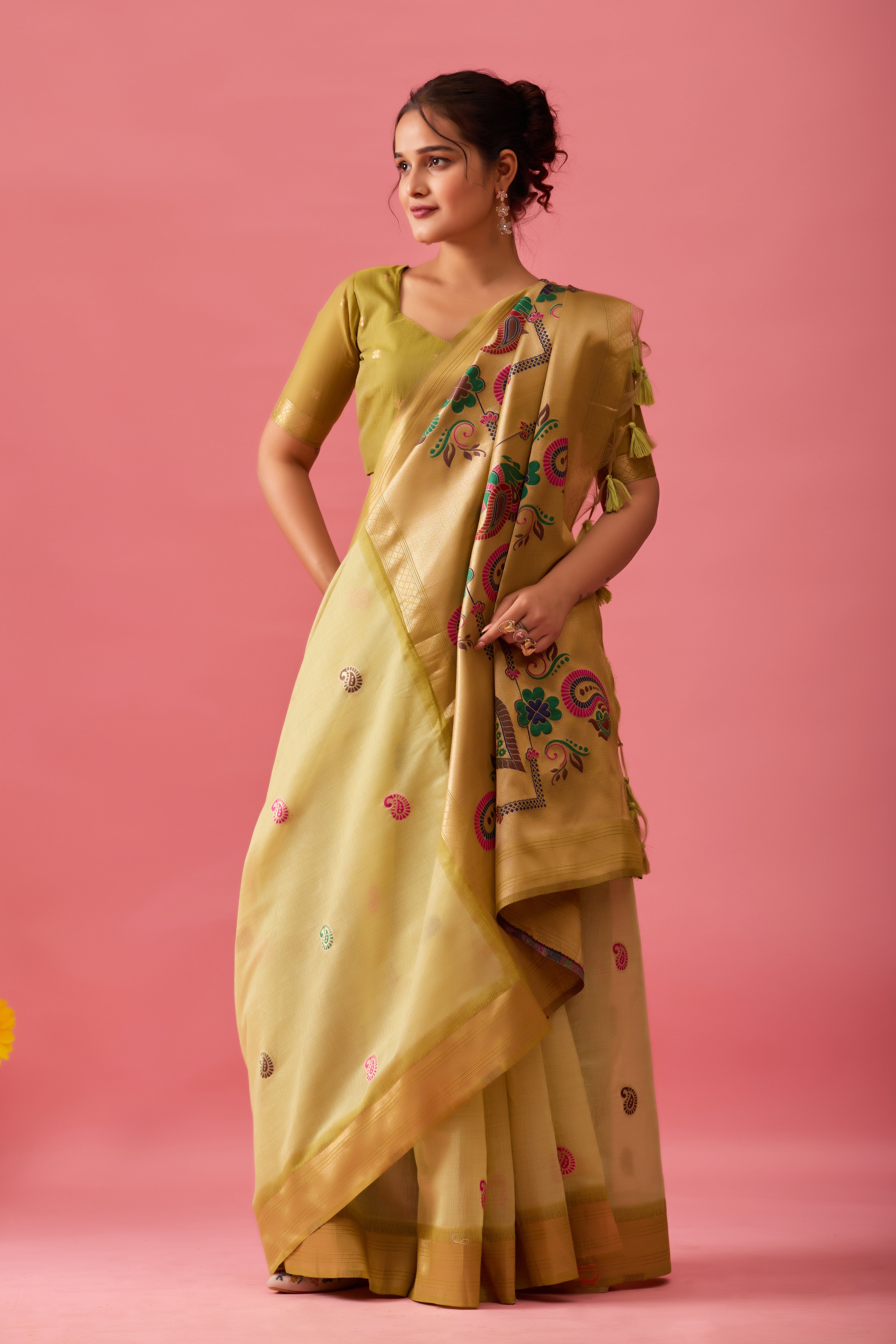 Nayara Paithani Cotton Silk Saree in Mehendi