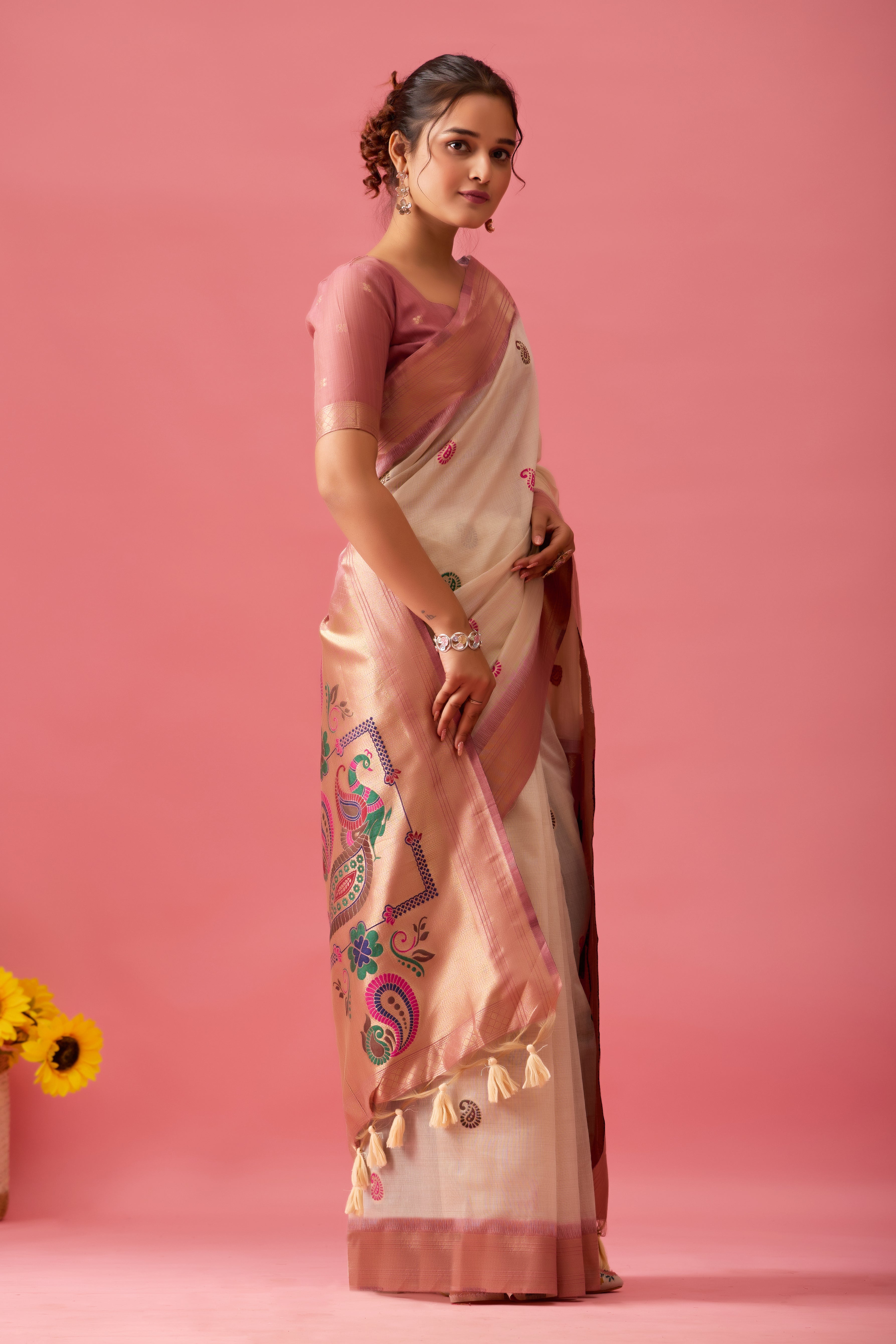 Nayara Paithani Cotton Silk Saree in Cream