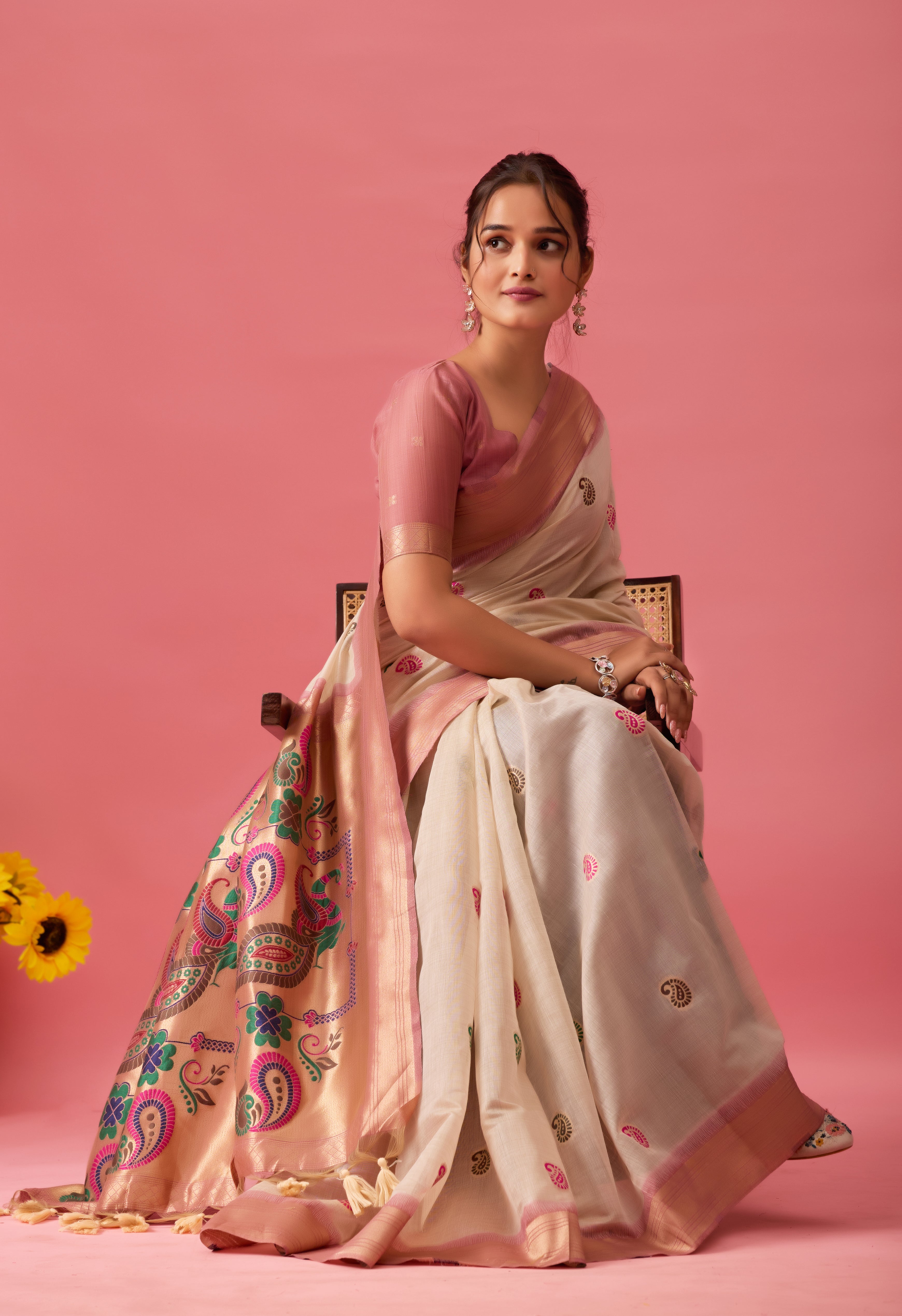 Nayara Paithani Cotton Silk Saree in Cream