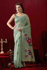 Floral Embellished Embroidered Chanderi Saree in green