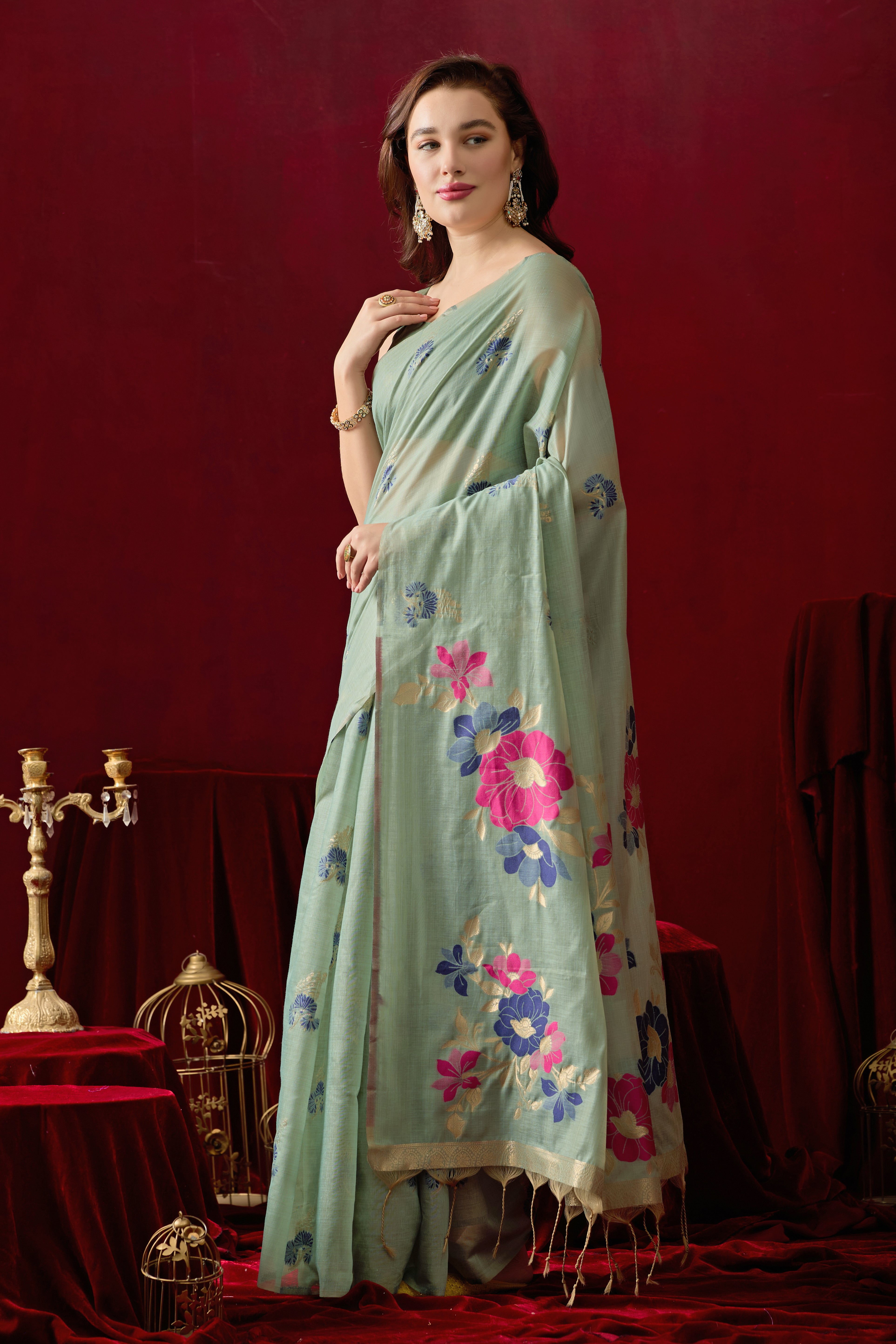Floral Embellished Embroidered Chanderi Saree in green