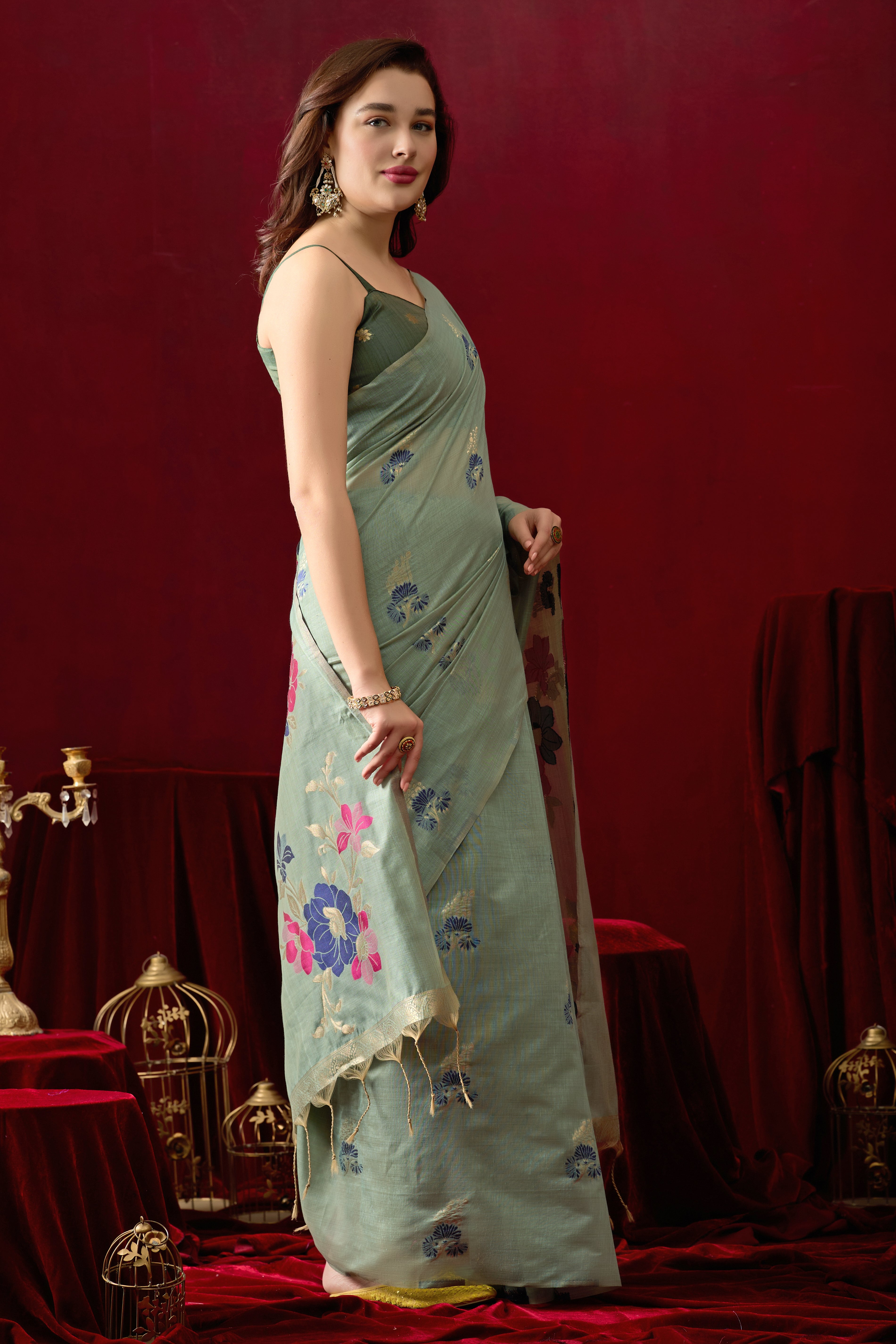 Floral Embellished Embroidered Chanderi Saree in green