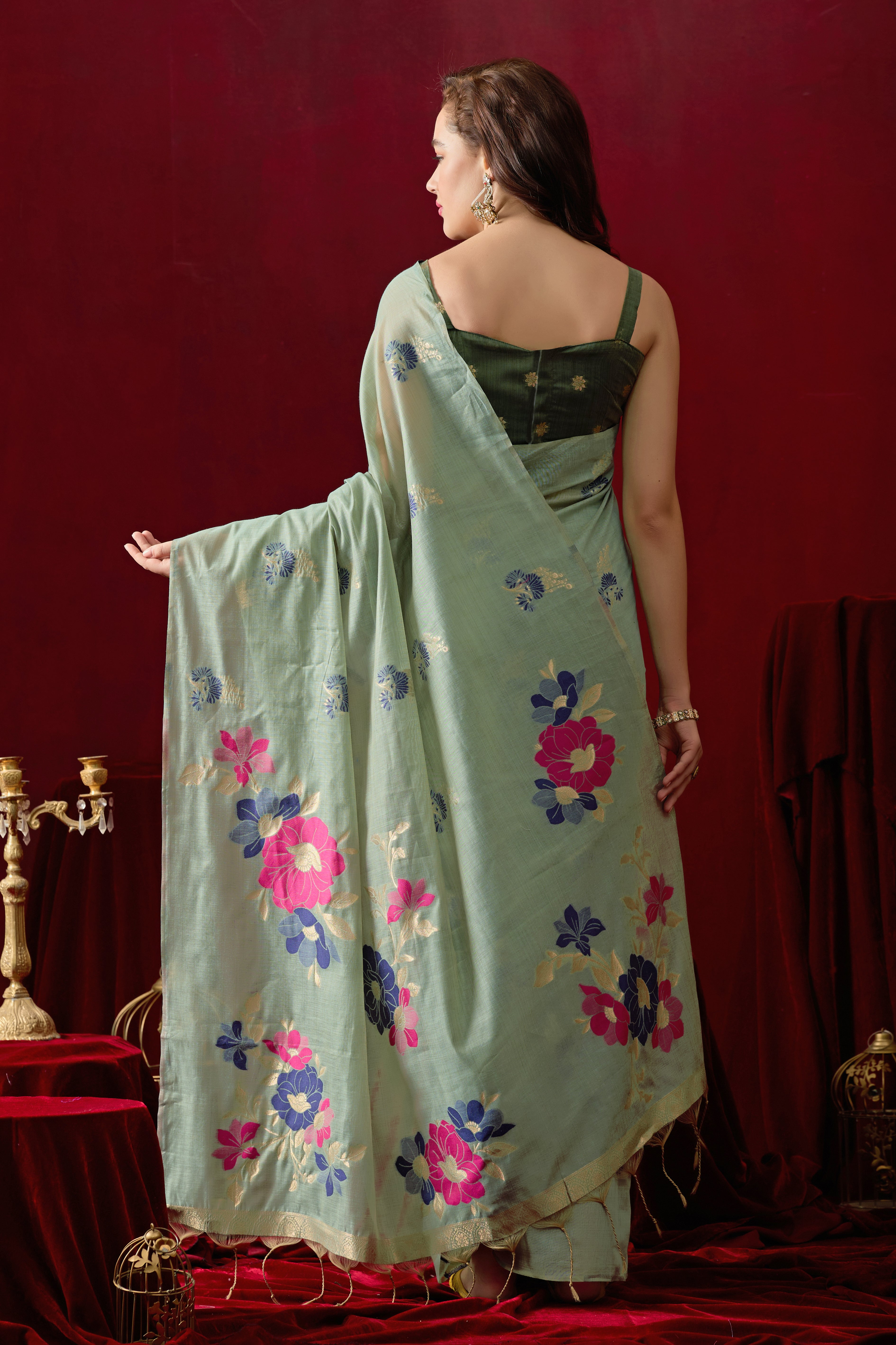 Floral Embellished Embroidered Chanderi Saree in green