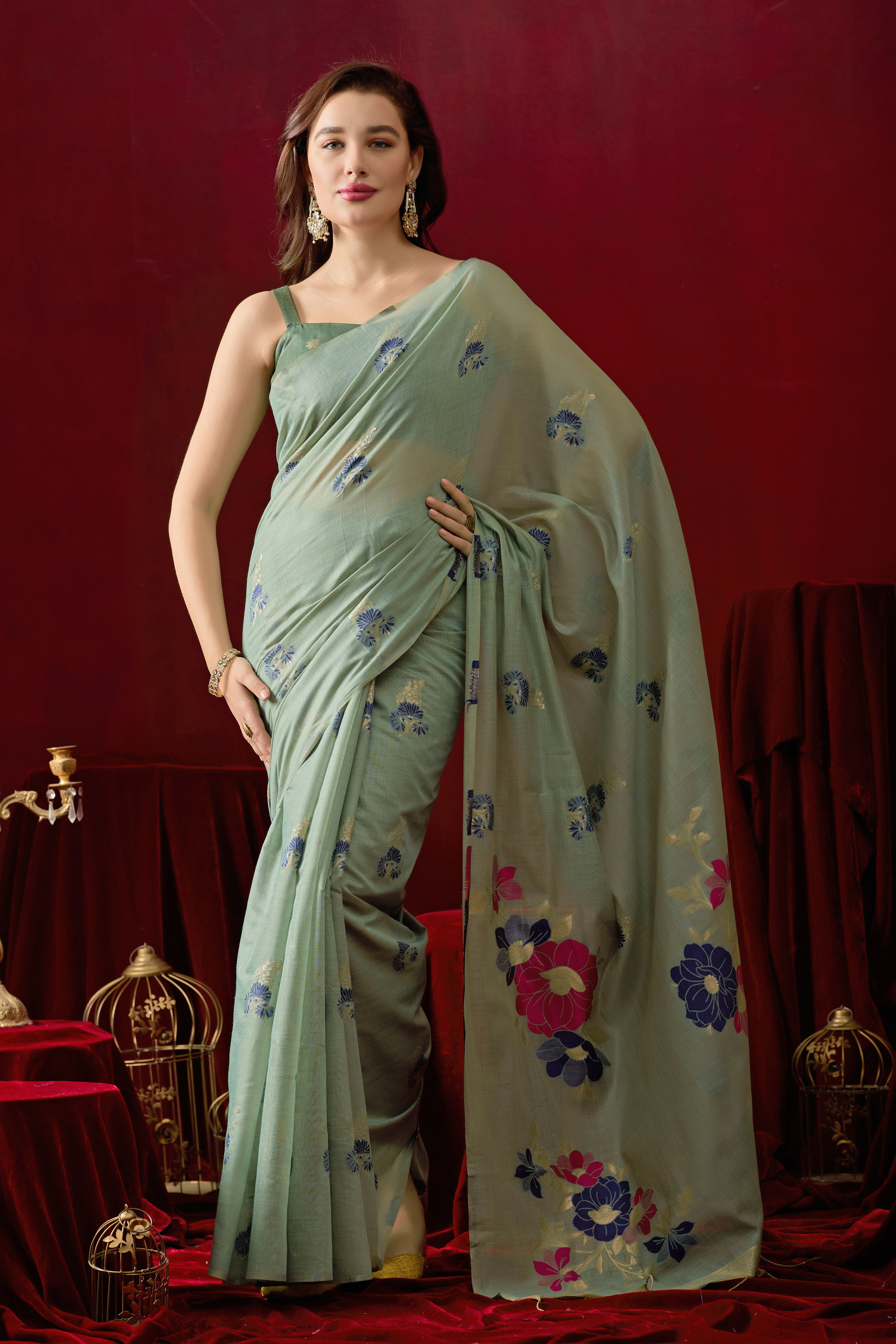 Floral Embellished Embroidered Chanderi Saree in green