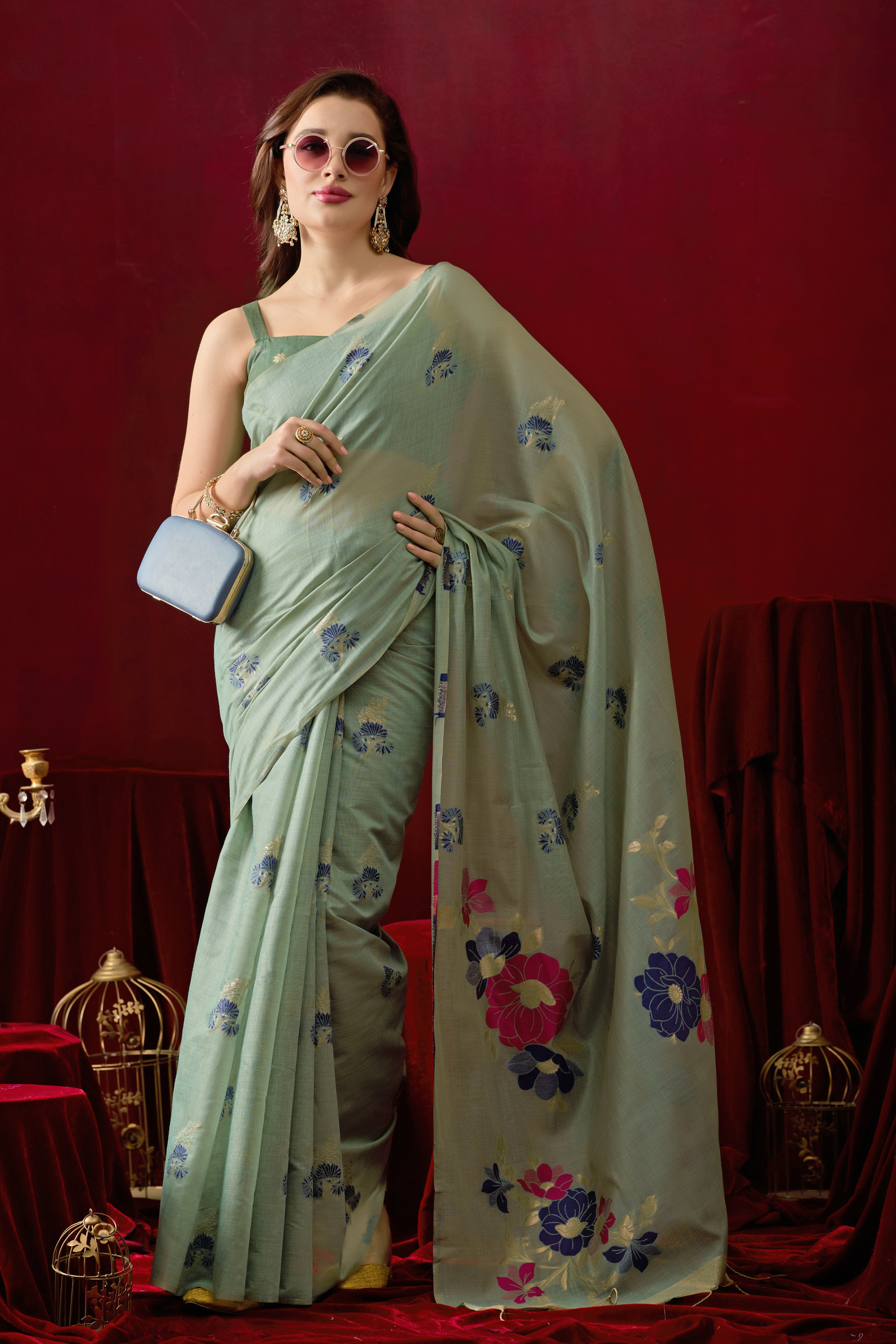 Floral Embellished Embroidered Chanderi Saree in green