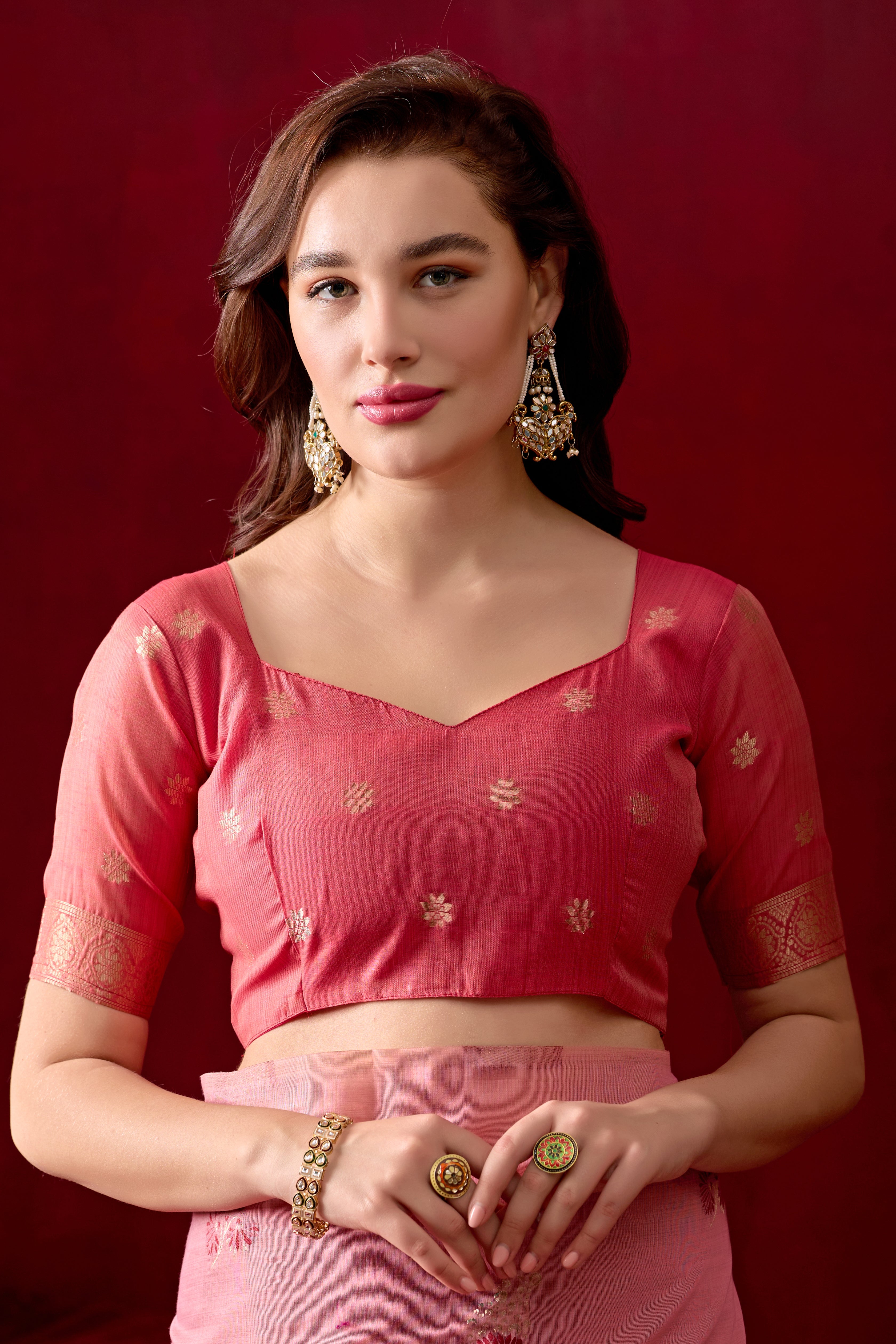 Floral Embellished Embroidered Chanderi Saree in Pink