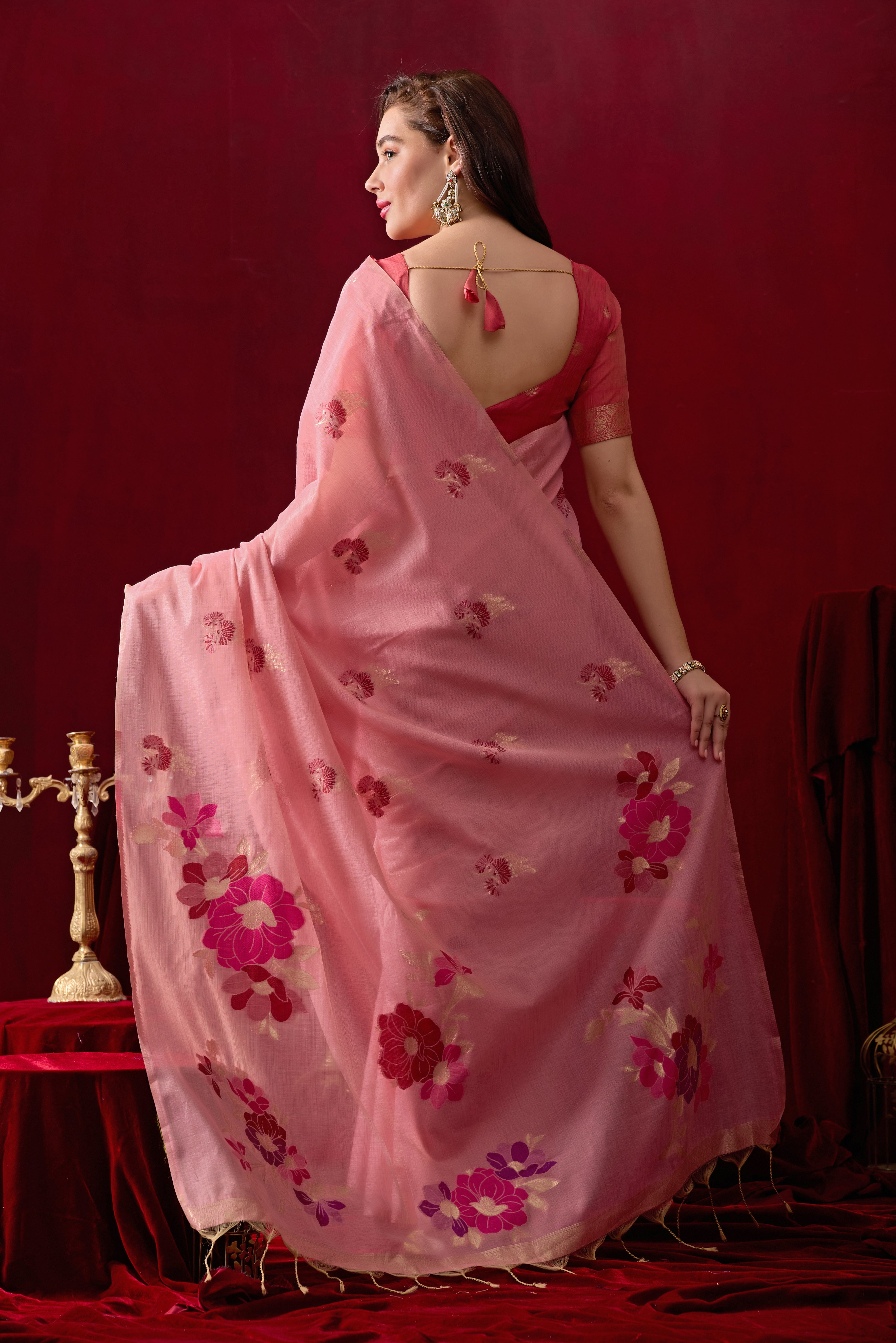 Floral Embellished Embroidered Chanderi Saree in Pink