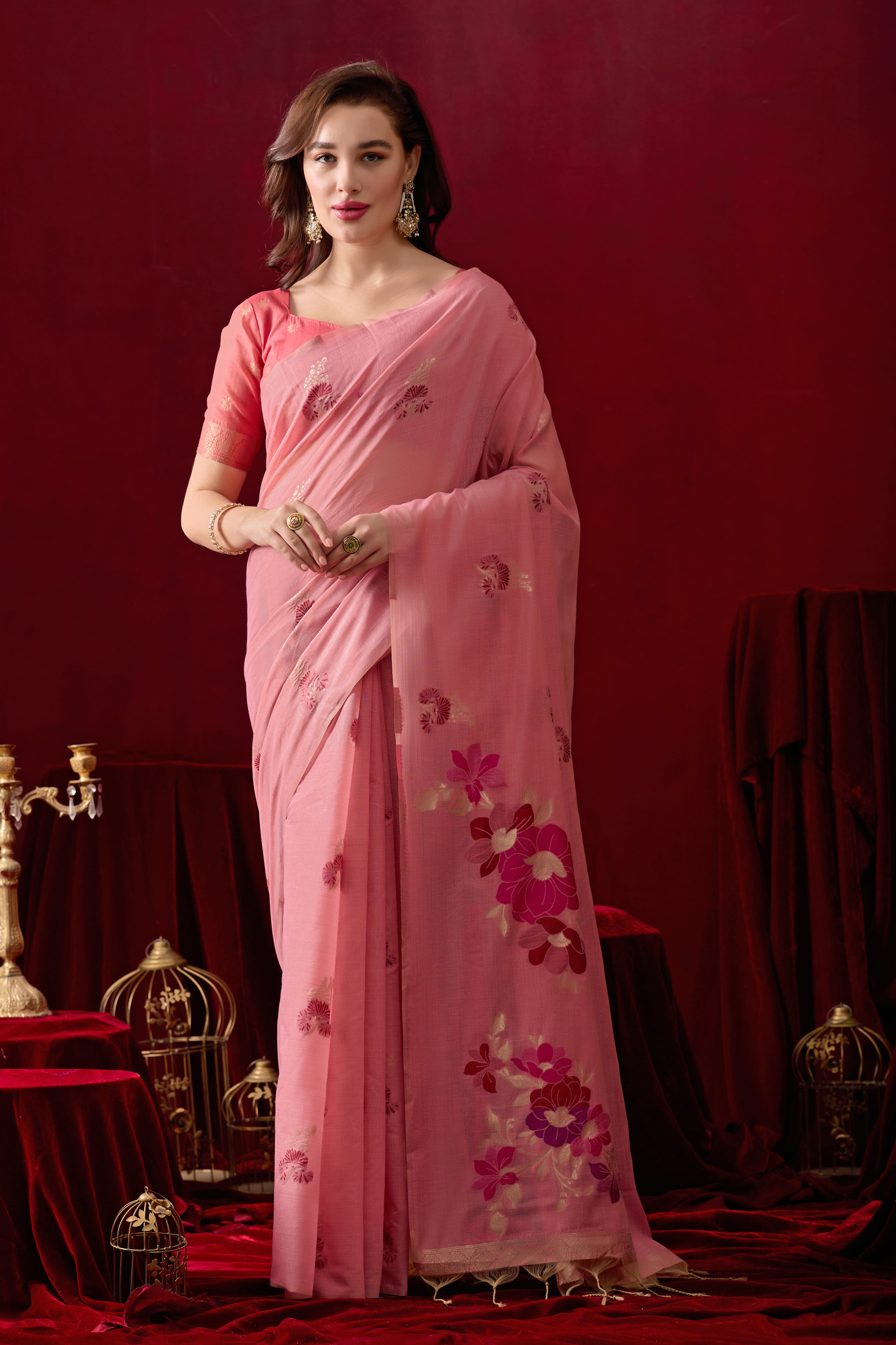 Floral Embellished Embroidered Chanderi Saree in Pink