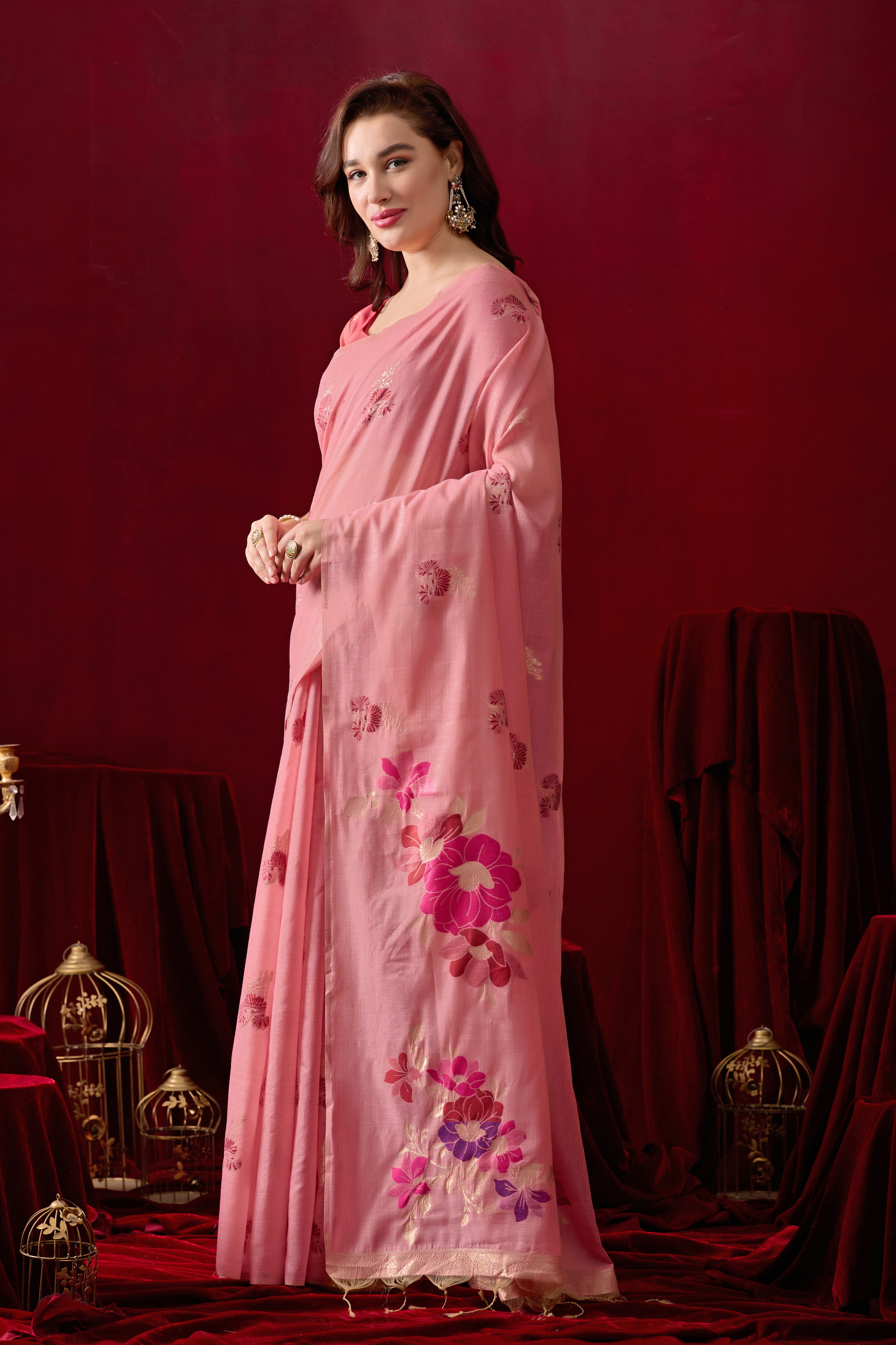 Floral Embellished Embroidered Chanderi Saree in Pink