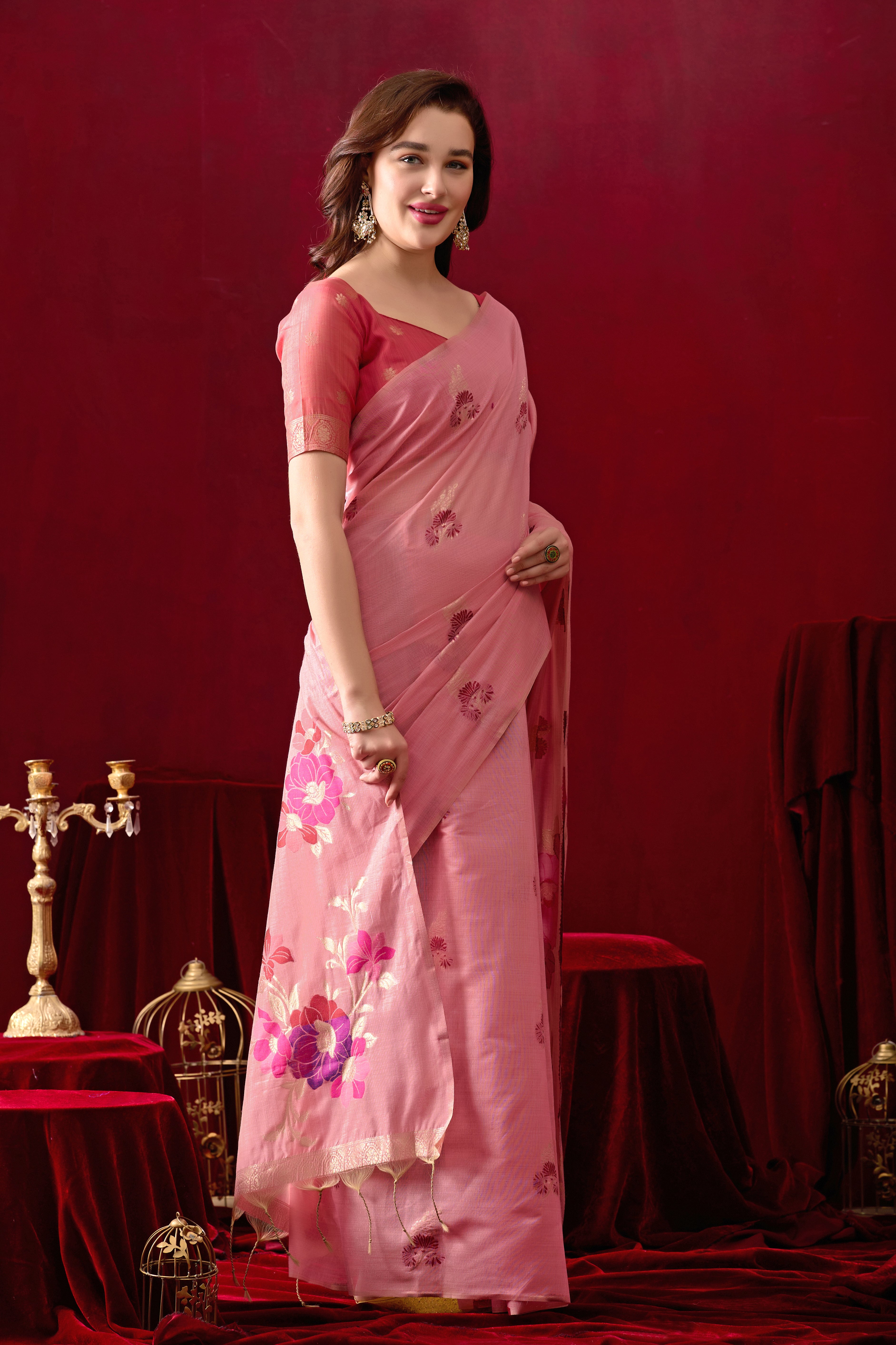 Floral Embellished Embroidered Chanderi Saree in Pink