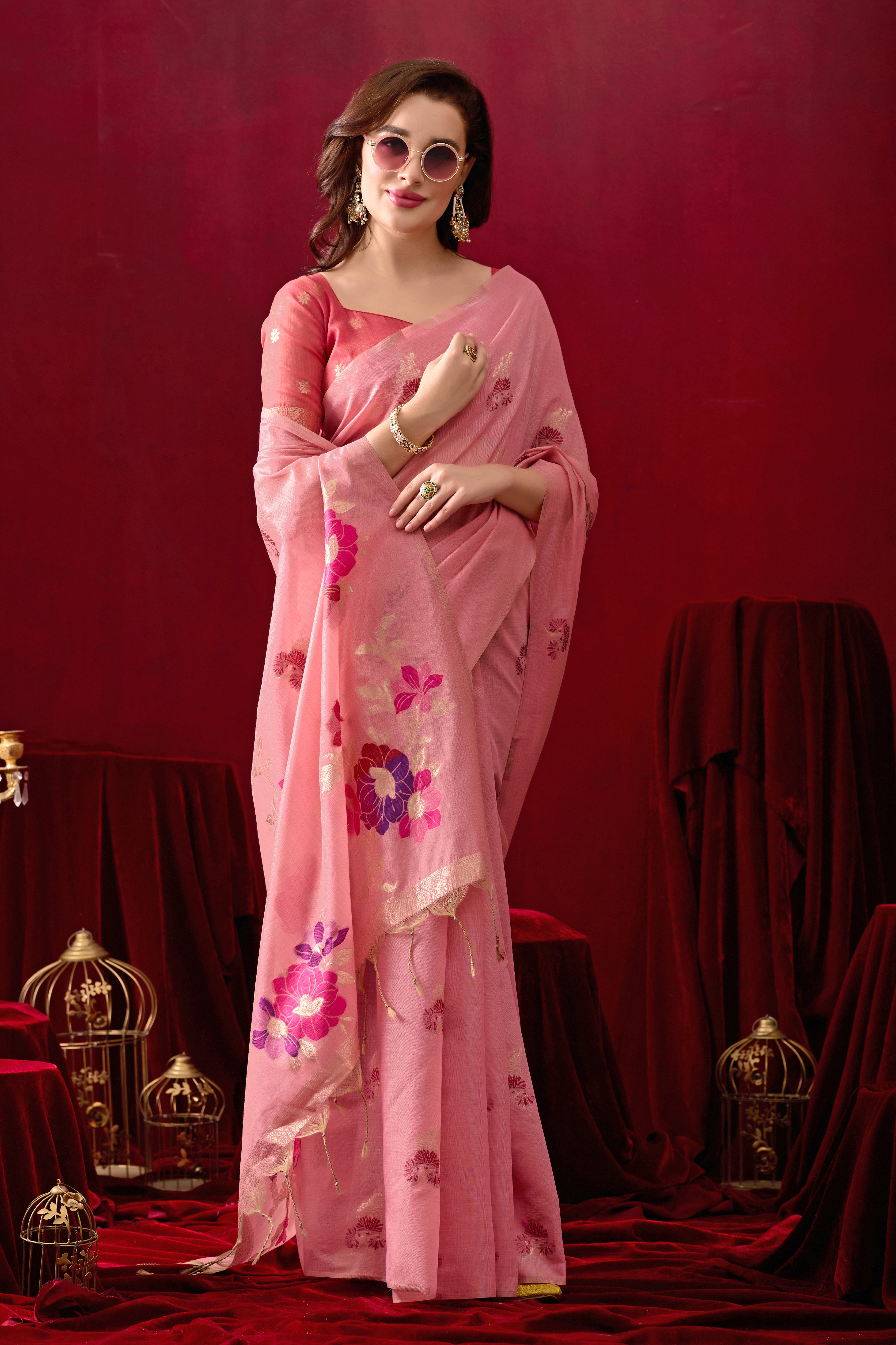 Floral Embellished Embroidered Chanderi Saree in Pink