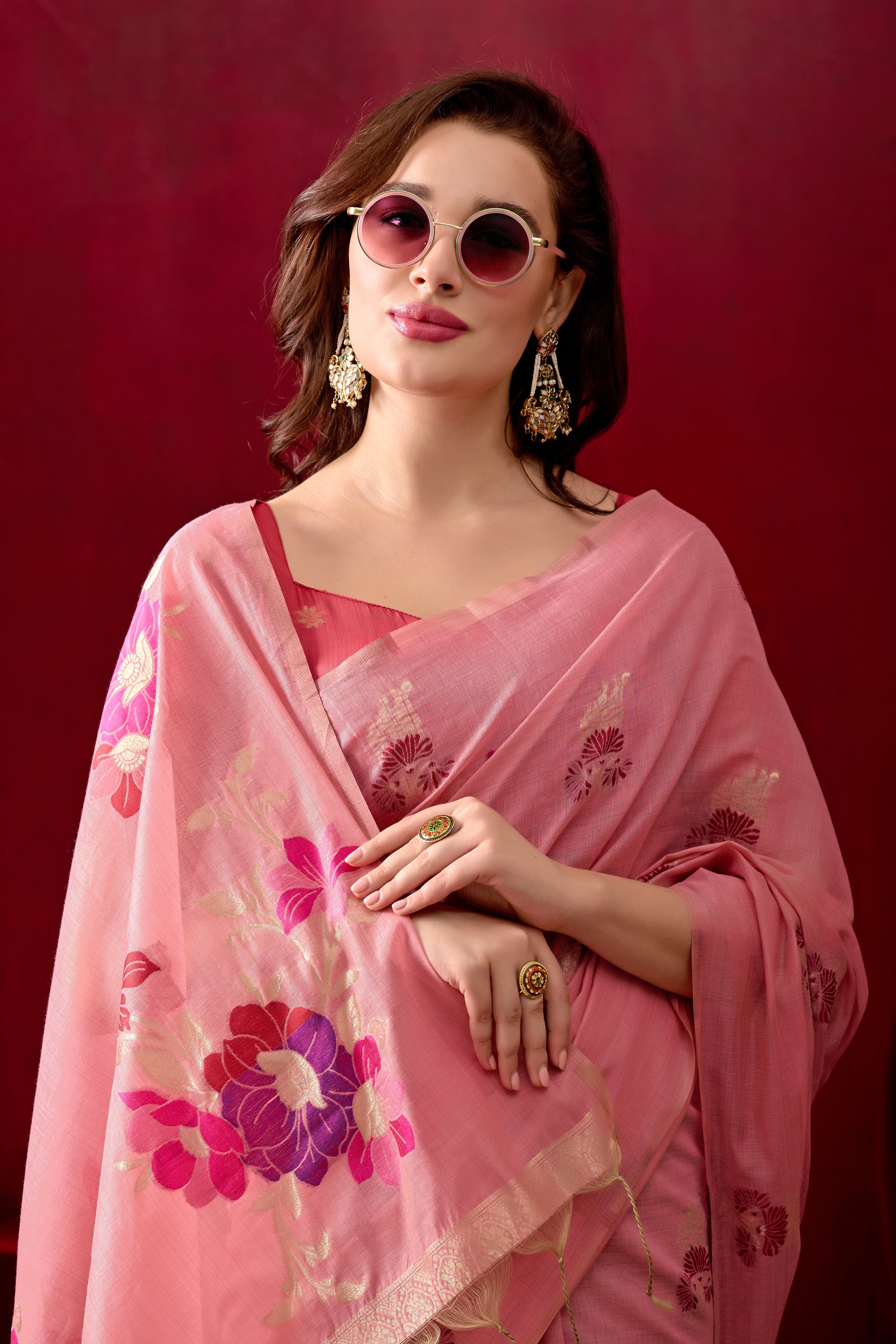 Floral Embellished Embroidered Chanderi Saree in Pink