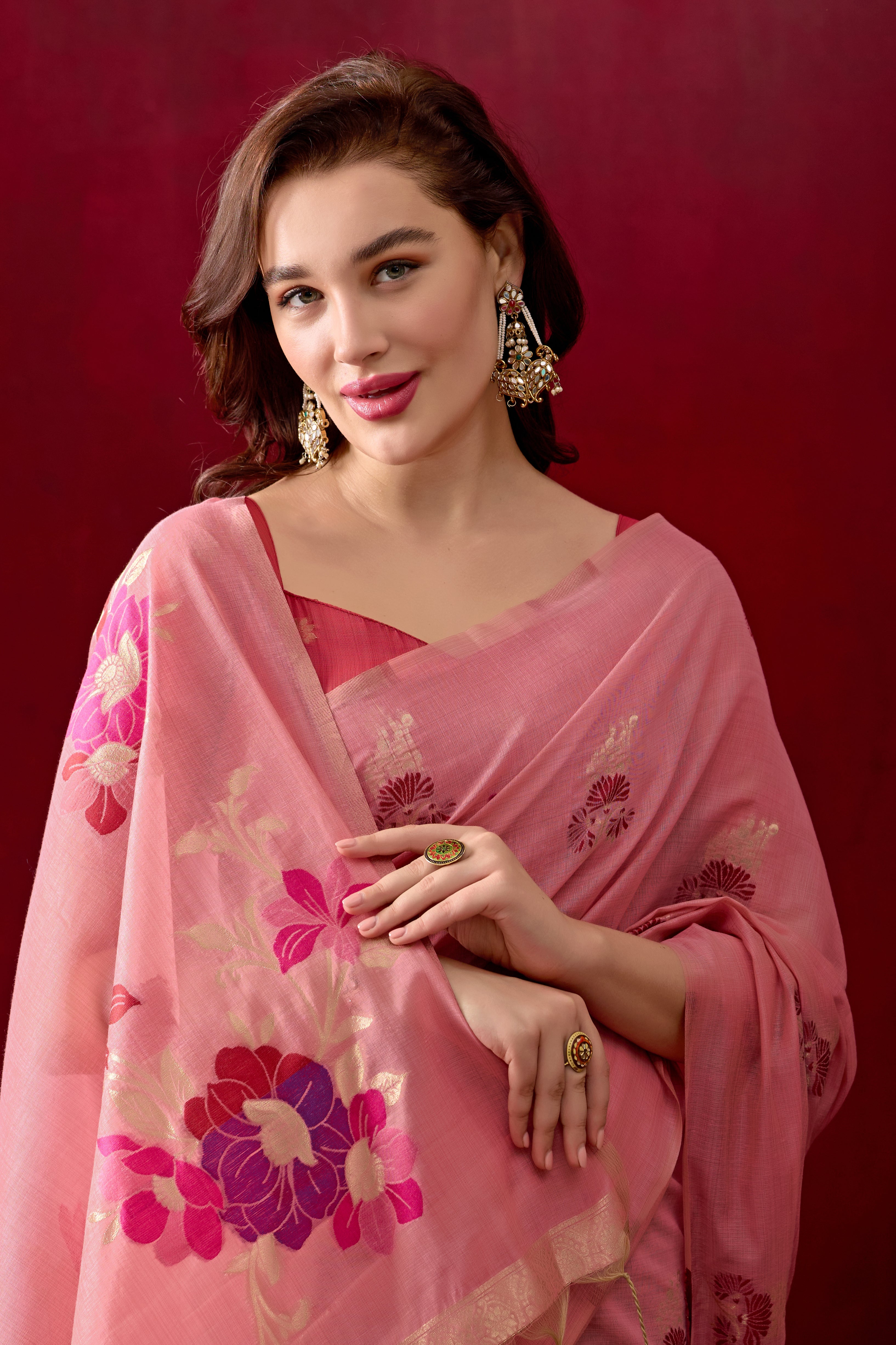 Floral Embellished Embroidered Chanderi Saree in Pink