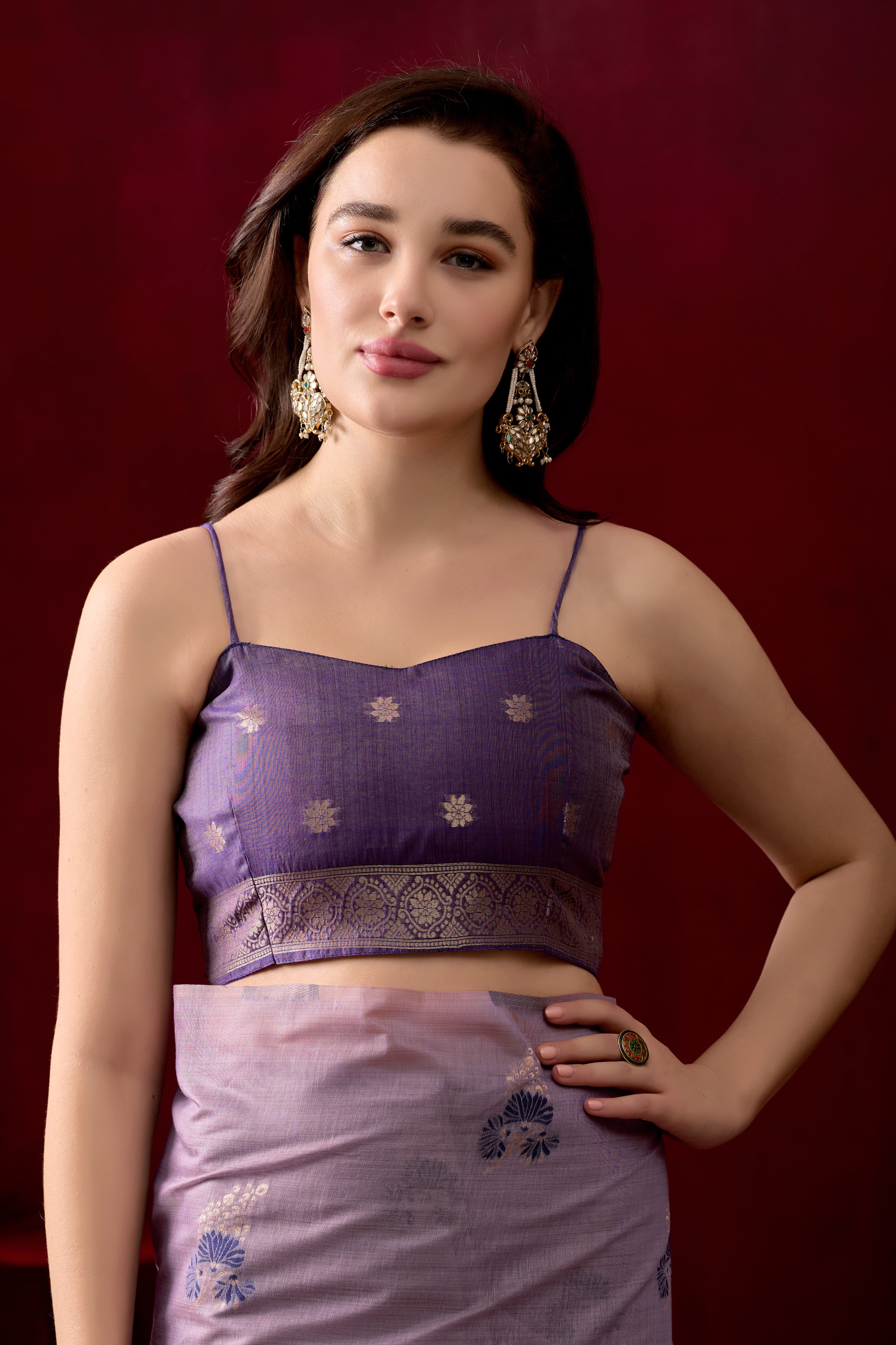 Floral Embellished Embroidered Chanderi Saree in Purple