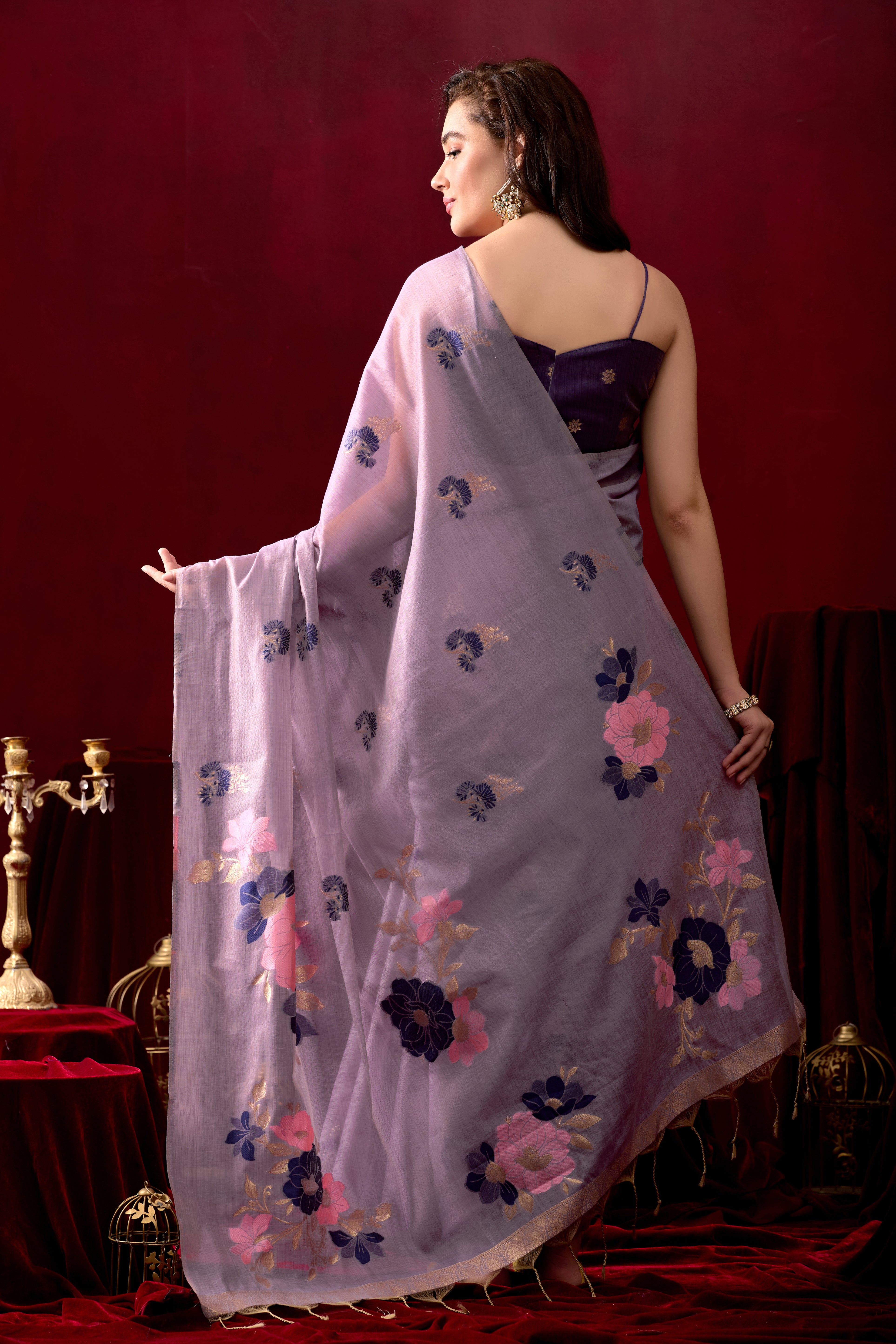 Floral Embellished Embroidered Chanderi Saree in Purple