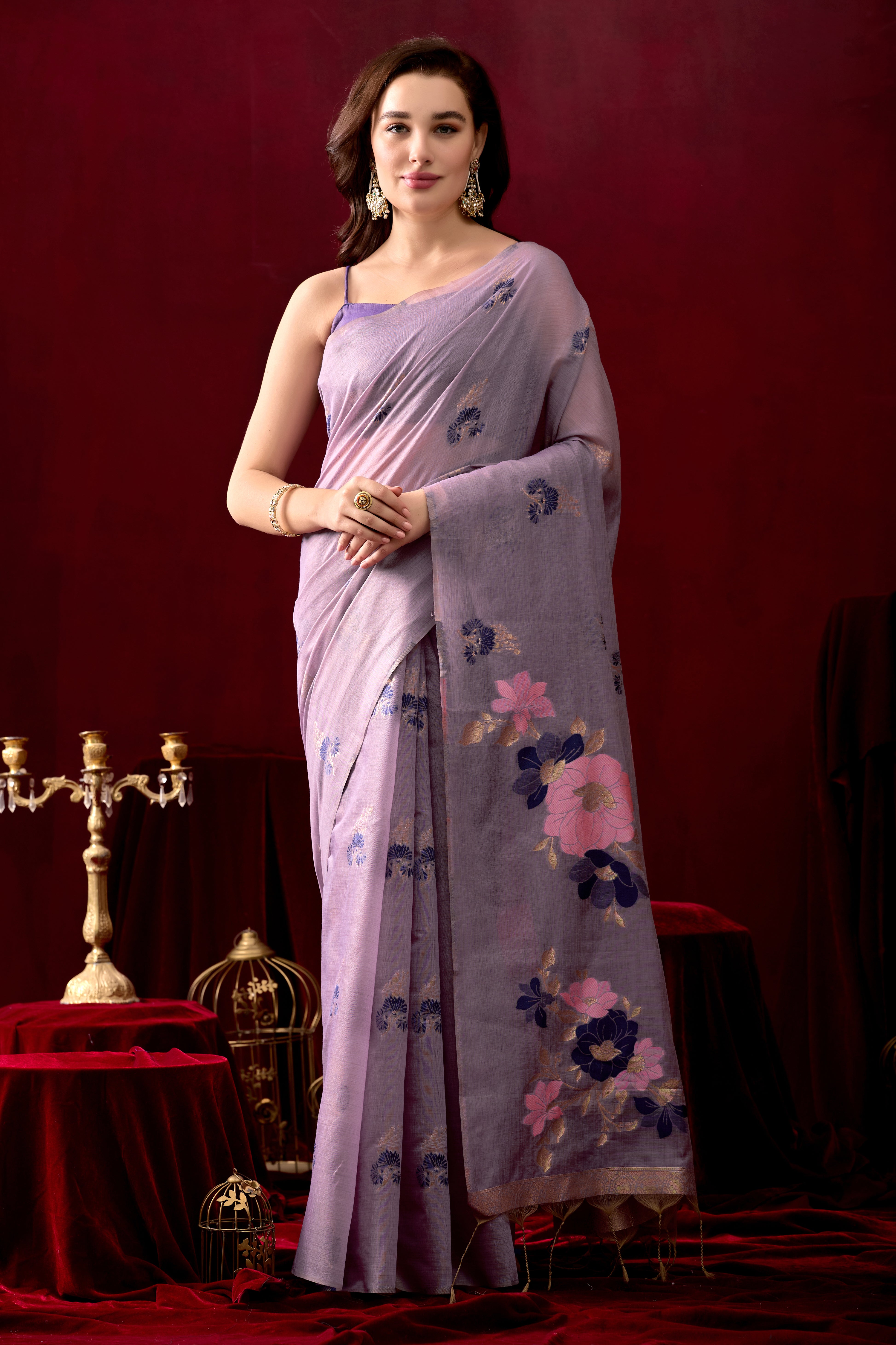 Floral Embellished Embroidered Chanderi Saree in Purple