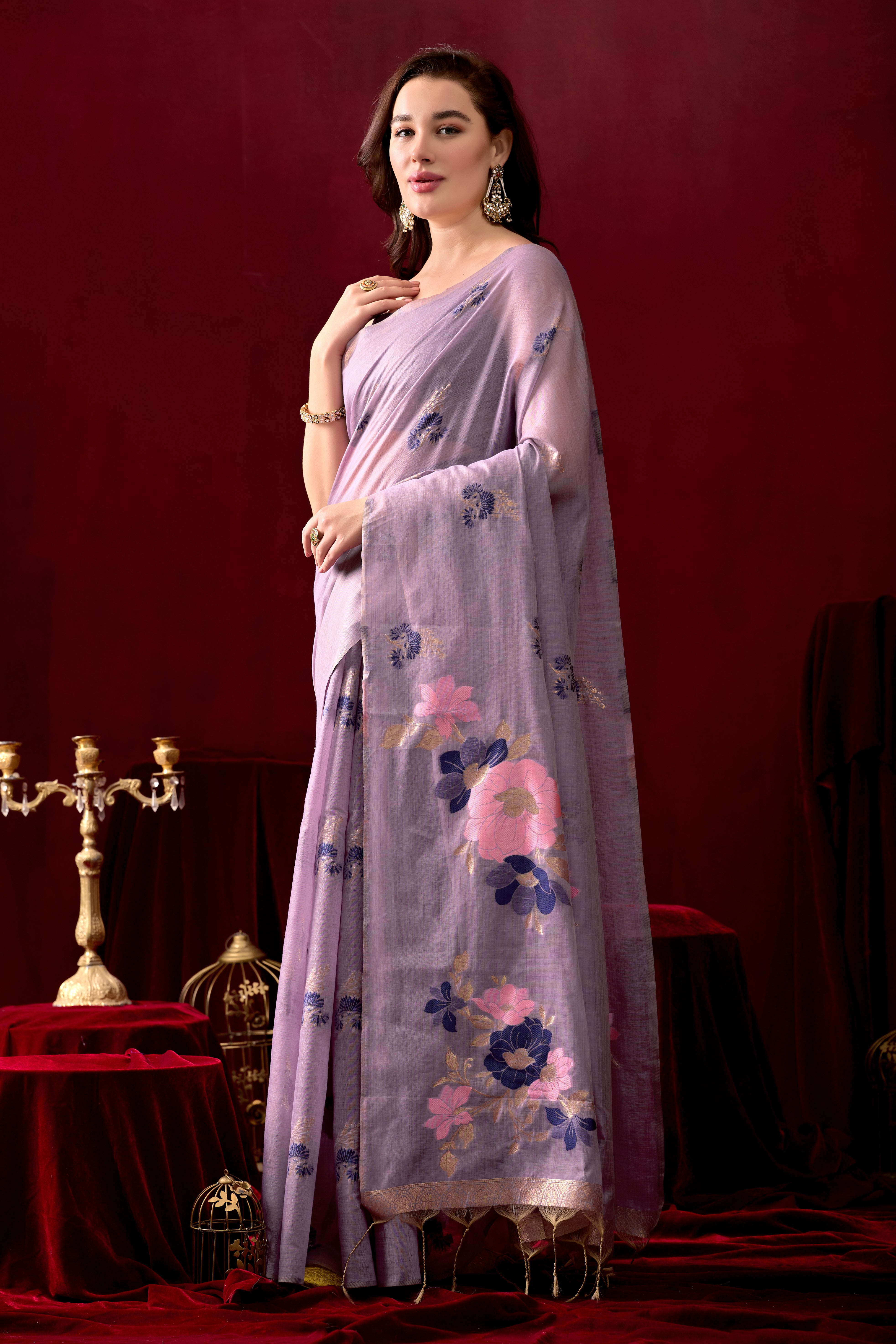 Floral Embellished Embroidered Chanderi Saree in Purple